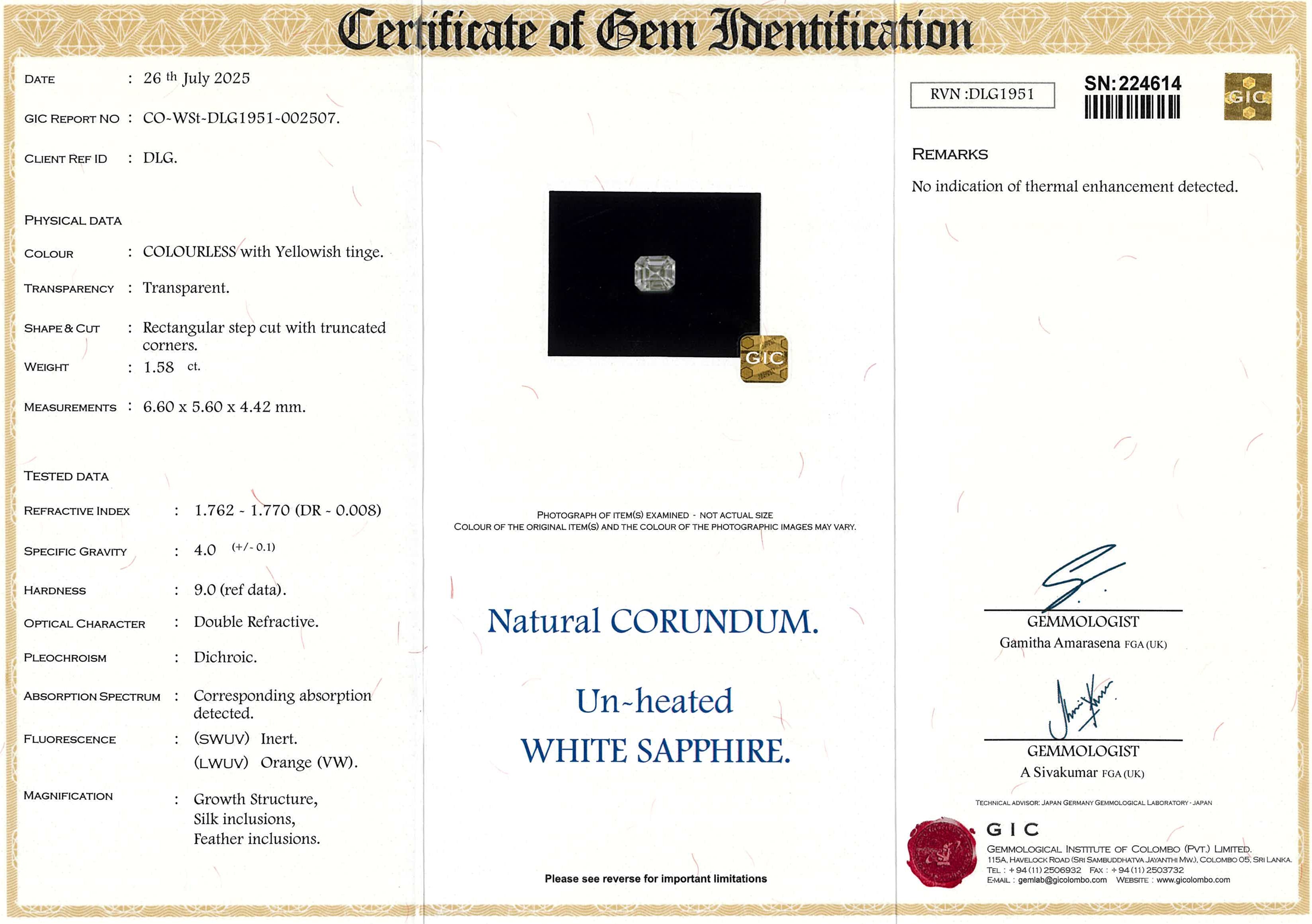 1.58 ct Colourless Emerald Cut Ceylon Sapphire Unheated Gemstone