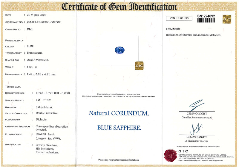 1.56 ct Blue Oval Ceylon Sapphire Heated Gemstone