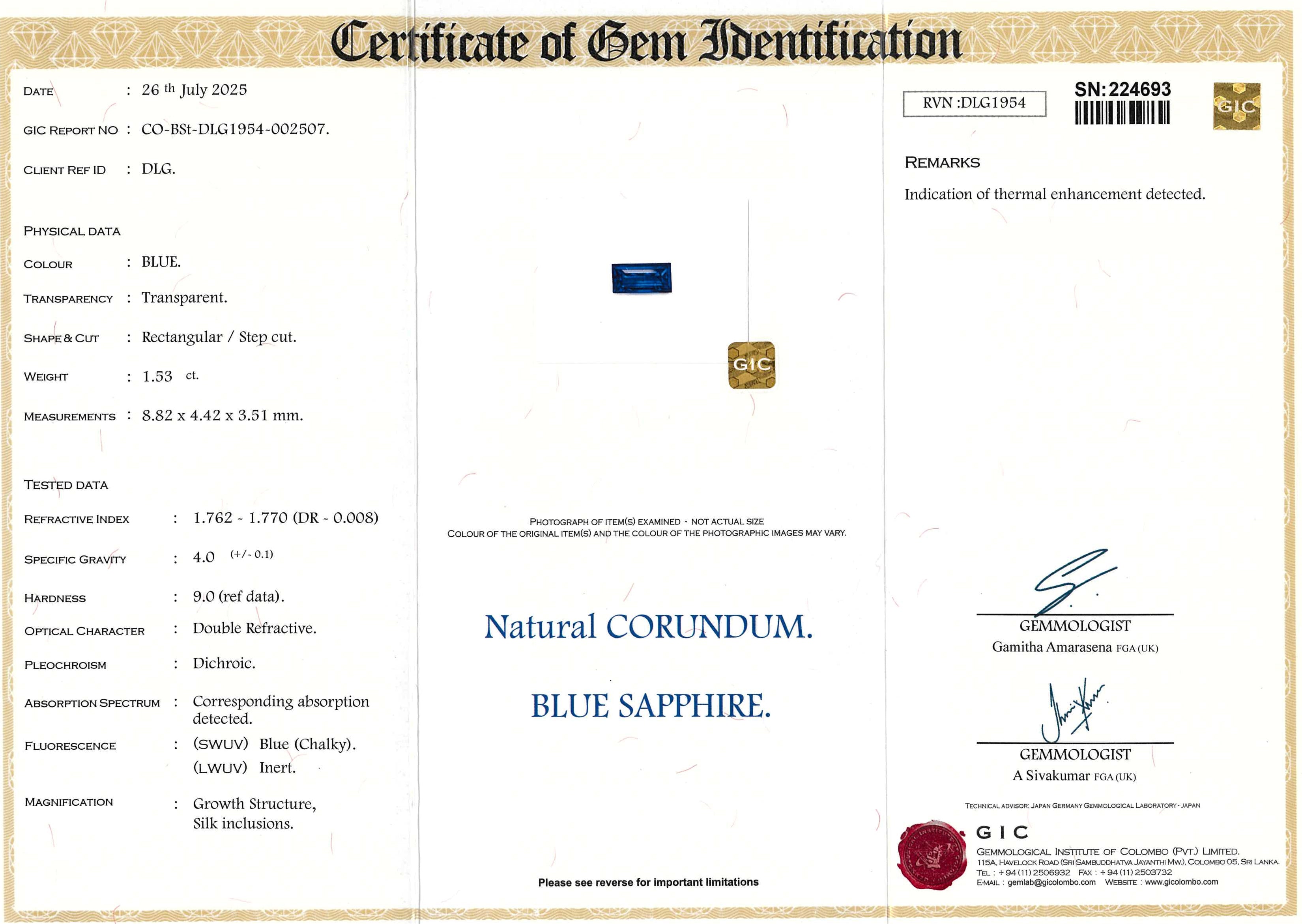 1.53 ct Blue Emerald Cut Ceylon Sapphire Heated Gem