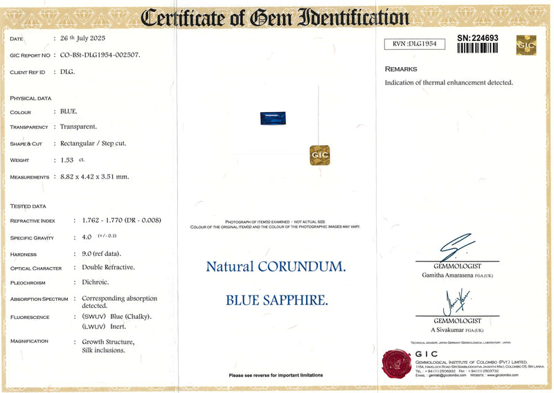 1.53 ct Blue Emerald Cut Ceylon Sapphire Heated Gem