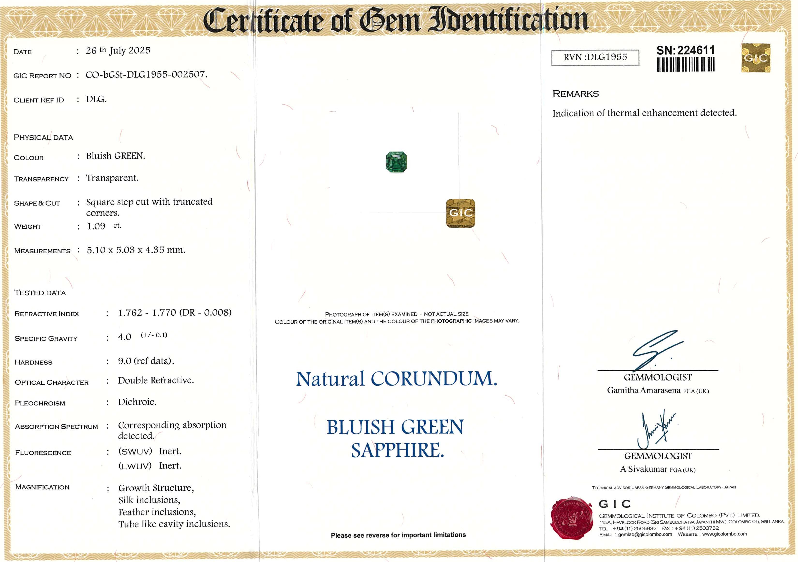 1.09 ct Teal Sapphire Square Cut Heated Gem