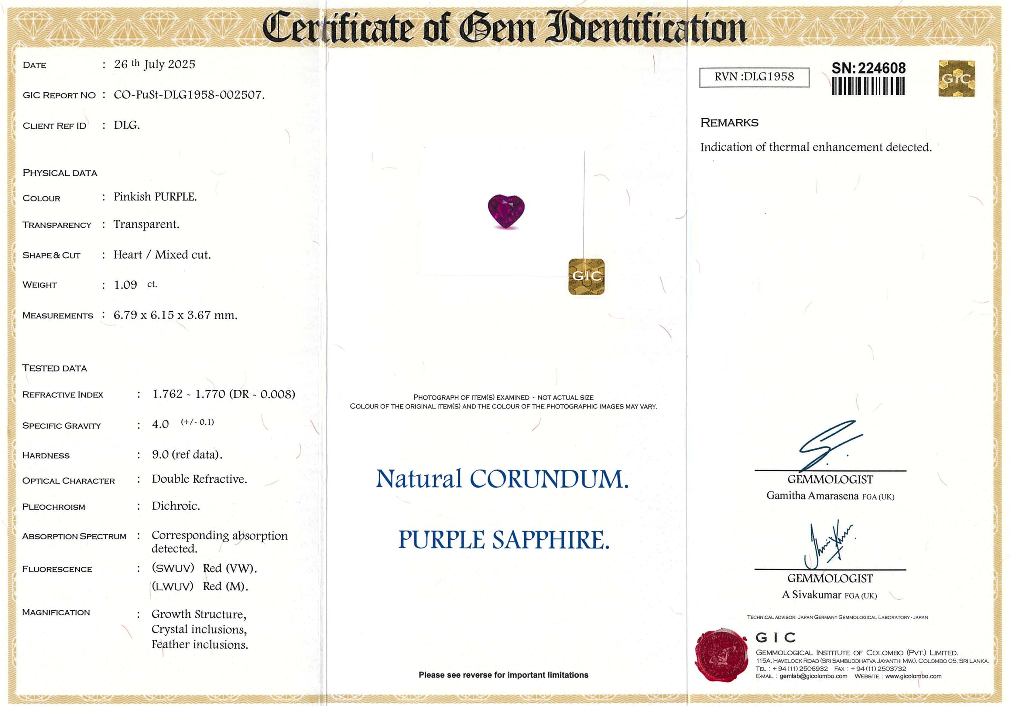 1.09 ct Pinkish Purple Heart Ceylon Sapphire Heated Gemstone