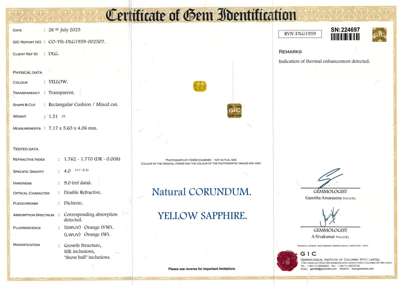 1.51 ct Yellow Rectangular Cushion Ceylon Sapphire Heated Gem