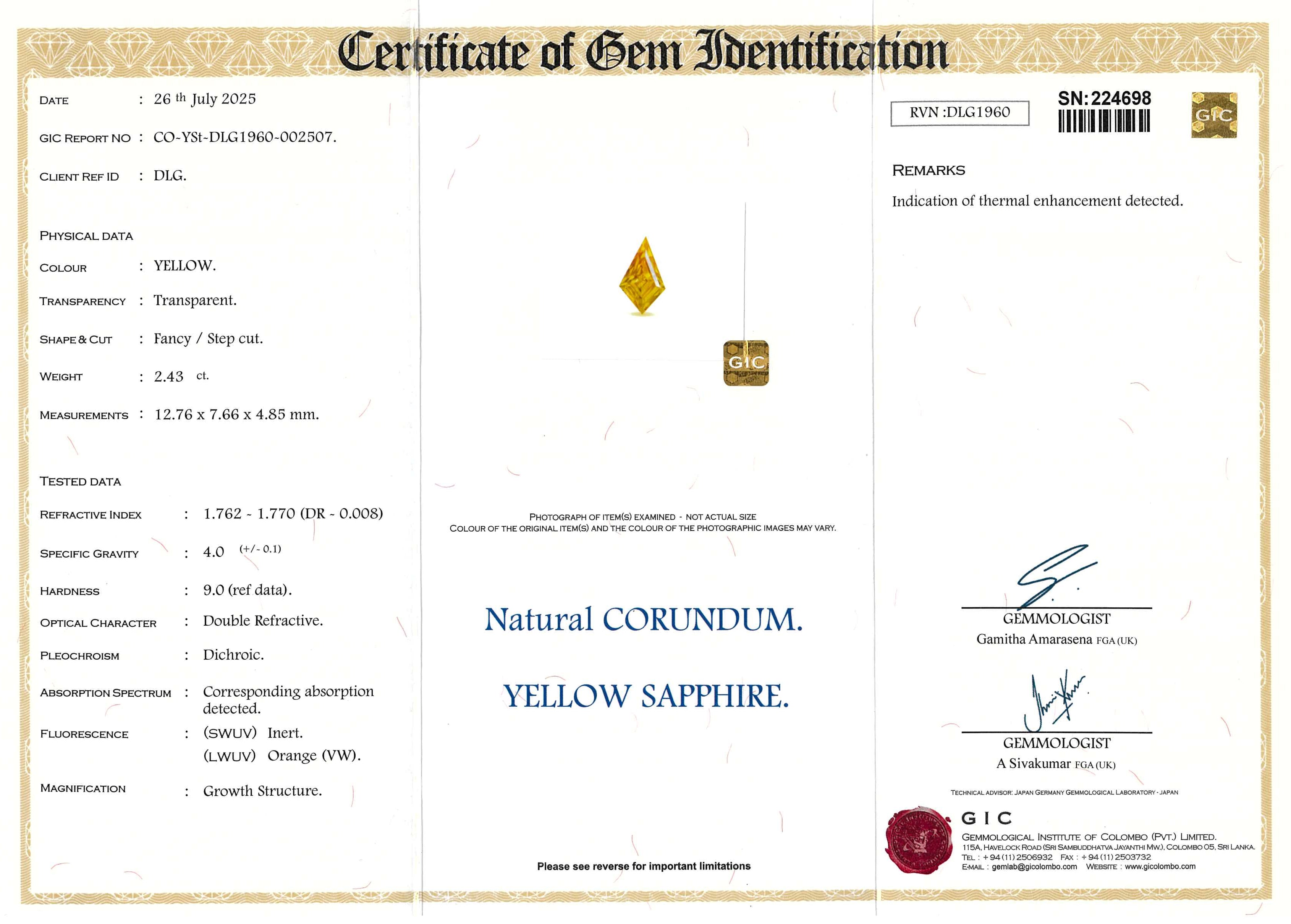 2.43 ct Yellow Fancy Cut Ceylon Sapphire Heated Gemstone