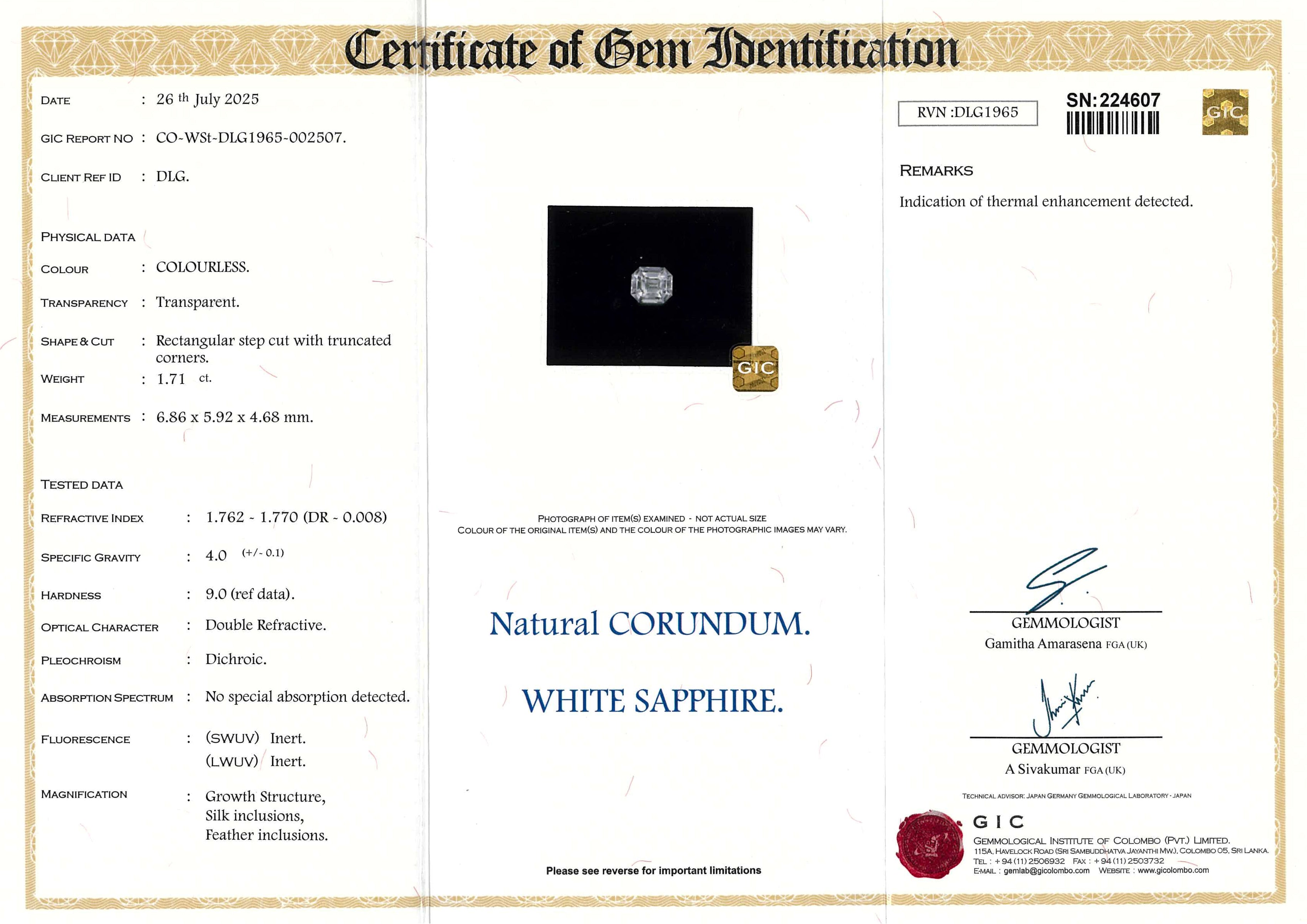 1.71 ct Colourless Emerald Cut Ceylon Sapphire Heated Gem