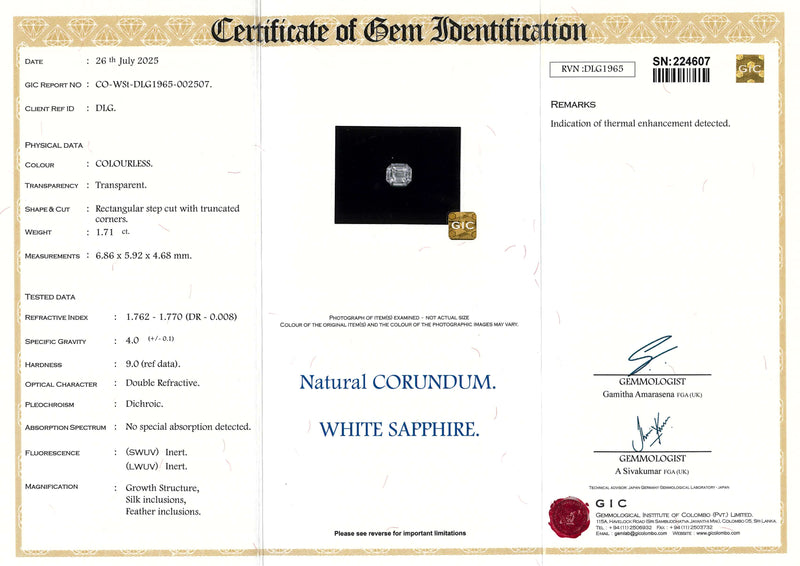 1.71 ct Colourless Emerald Cut Ceylon Sapphire Heated Gem