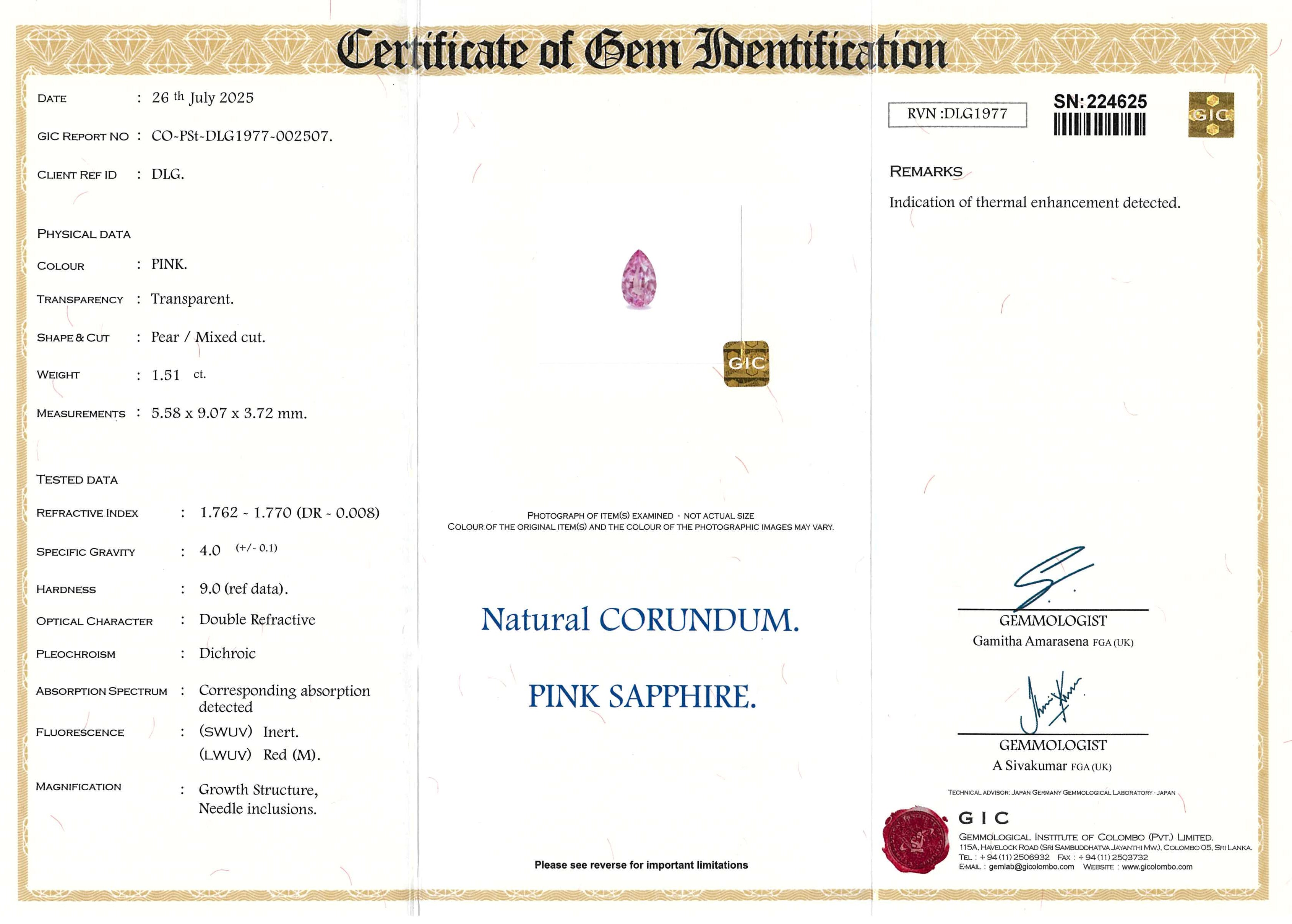 1.51 ct Pink Pear Ceylon Sapphire Heated Gem