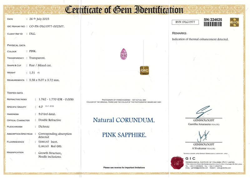 1.51 ct Pink Pear Ceylon Sapphire Heated Gem