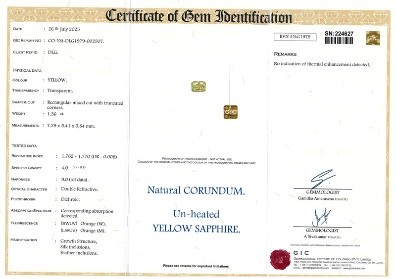 1.36 ct Yellow Rectangular Ceylon Sapphire Unheated Gem