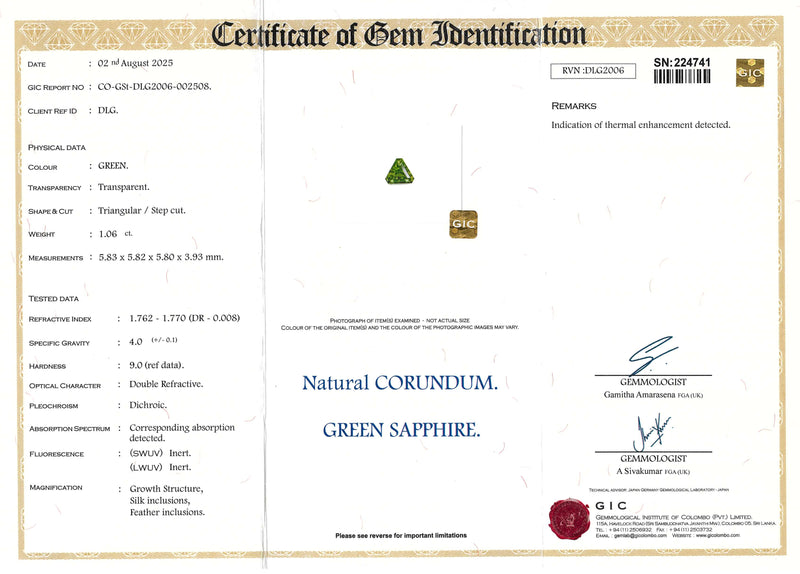 1.06 ct Green Triangular Cut Madagascar Sapphire Heated Gemstone