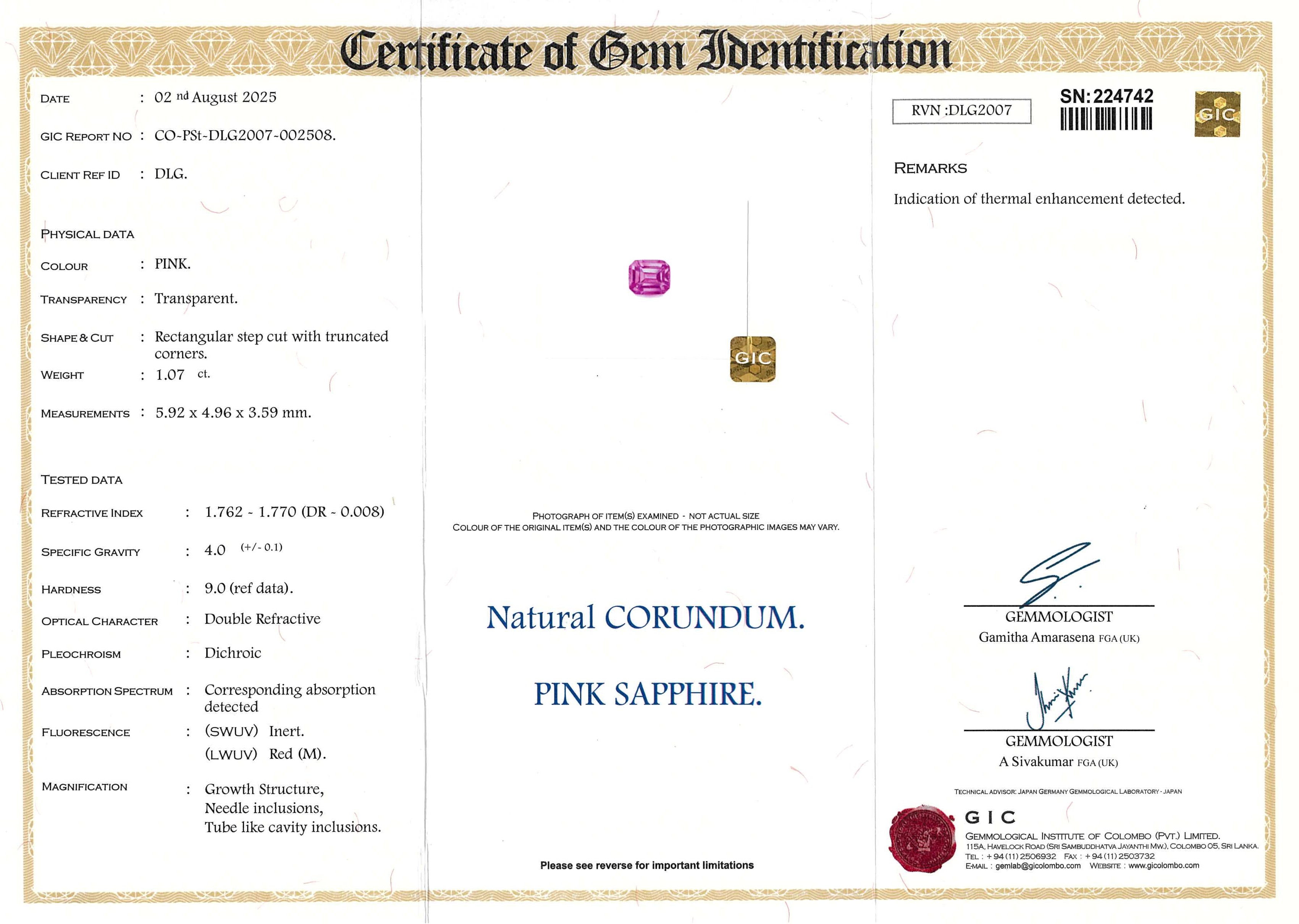 1.07 ct Pink Emerald Cut Madagascar Sapphire Heated Gem