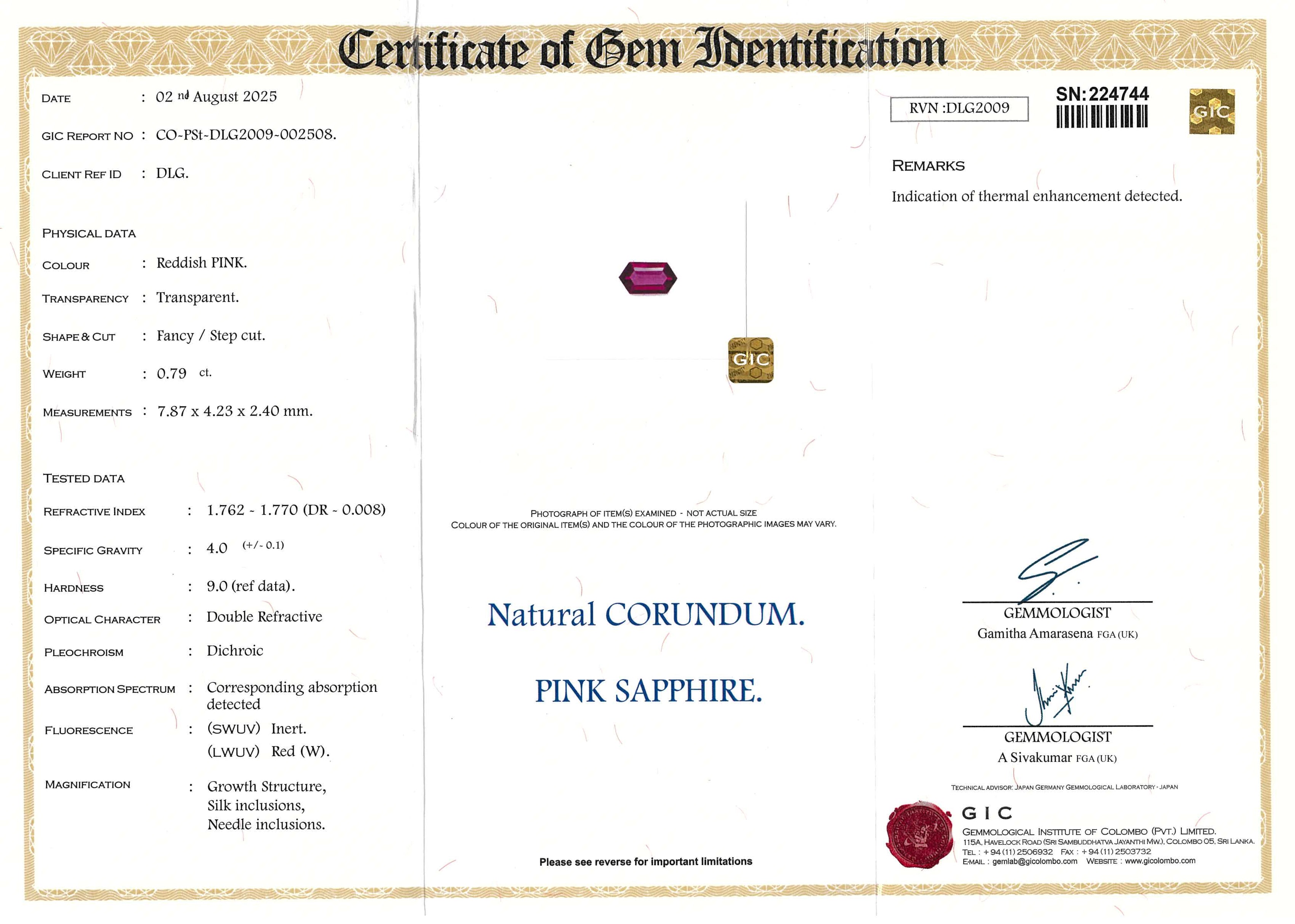 0.79 ct Reddish Pink Lozenge Cut Madagascar Sapphire Heated Gem