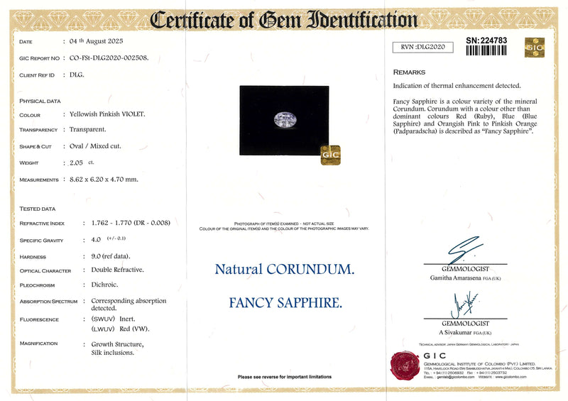 2.05 ct Violet Oval Ceylon Sapphire Heated Gem