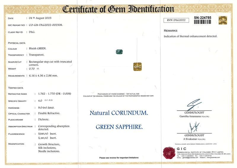 0.70 ct Bluish Green Emerald Cut Madagascar Sapphire Heated Gem