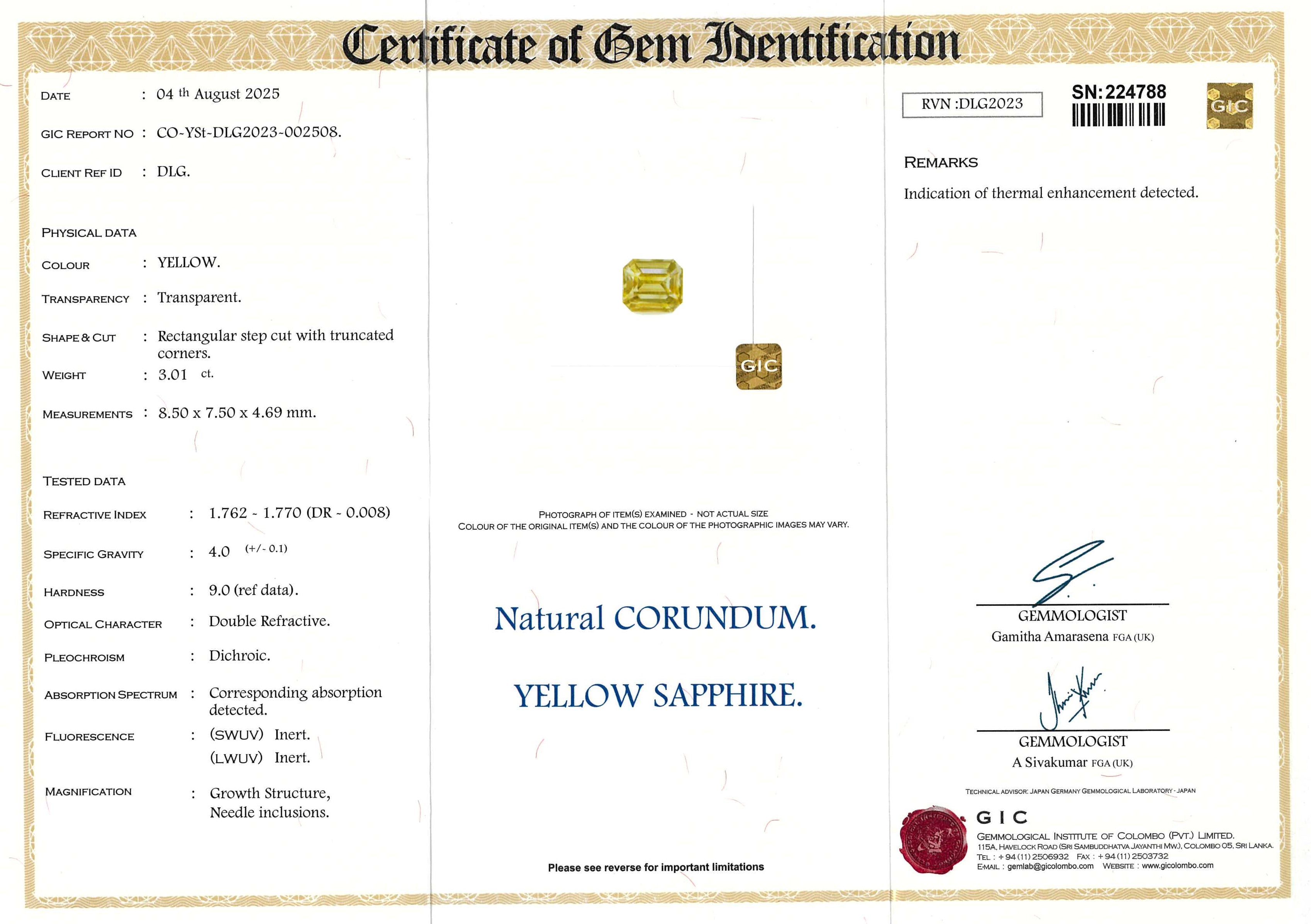 3.01 ct  Champagne Yellow Emerald Cut Ceylon Sapphire Heated Gem