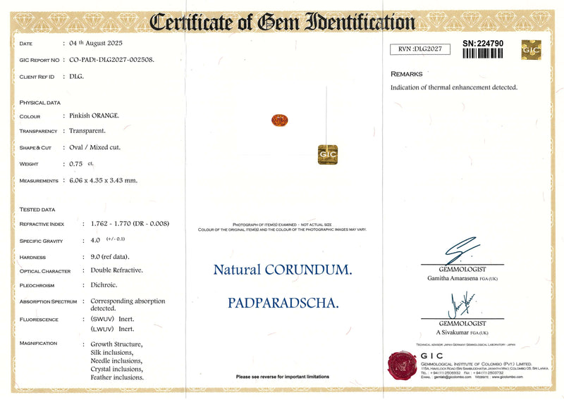 0.75 ct Padparadscha Oval Madagascar Sapphire Heated Gem