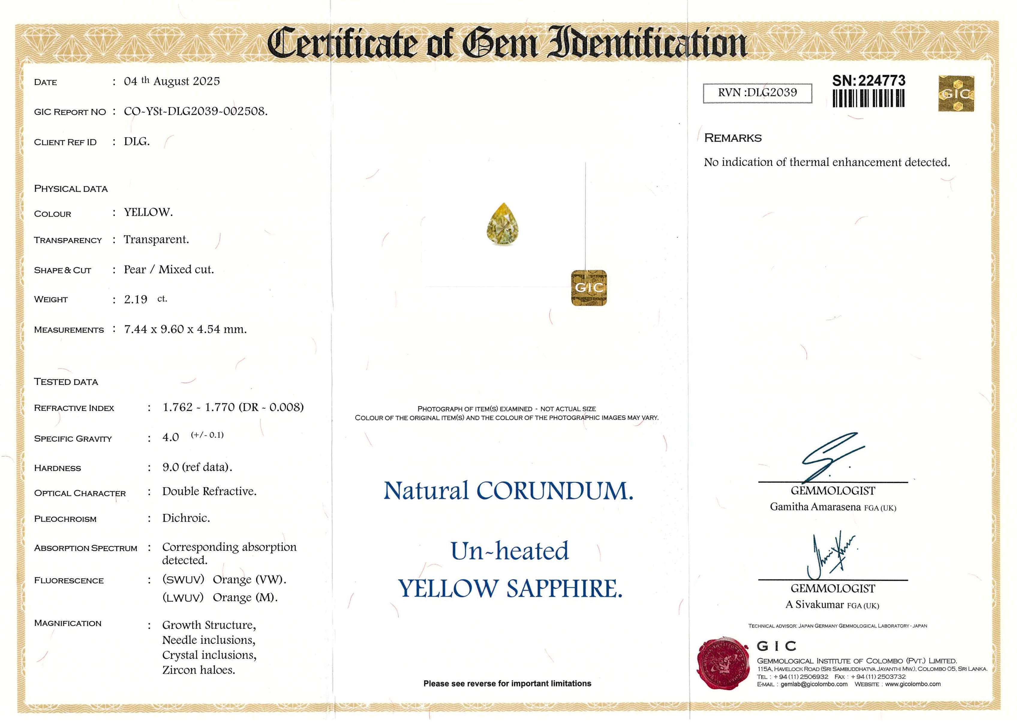 2.19 ct Yellow Pear Ceylon Sapphire Unheated Gem