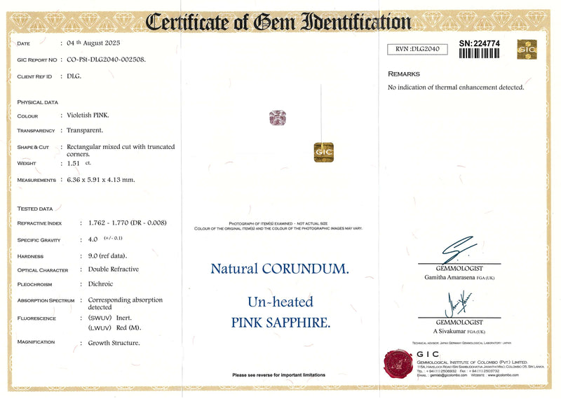 1.51 ct Violetish Pink Radiant Cut Ceylon Sapphire Unheated Gem