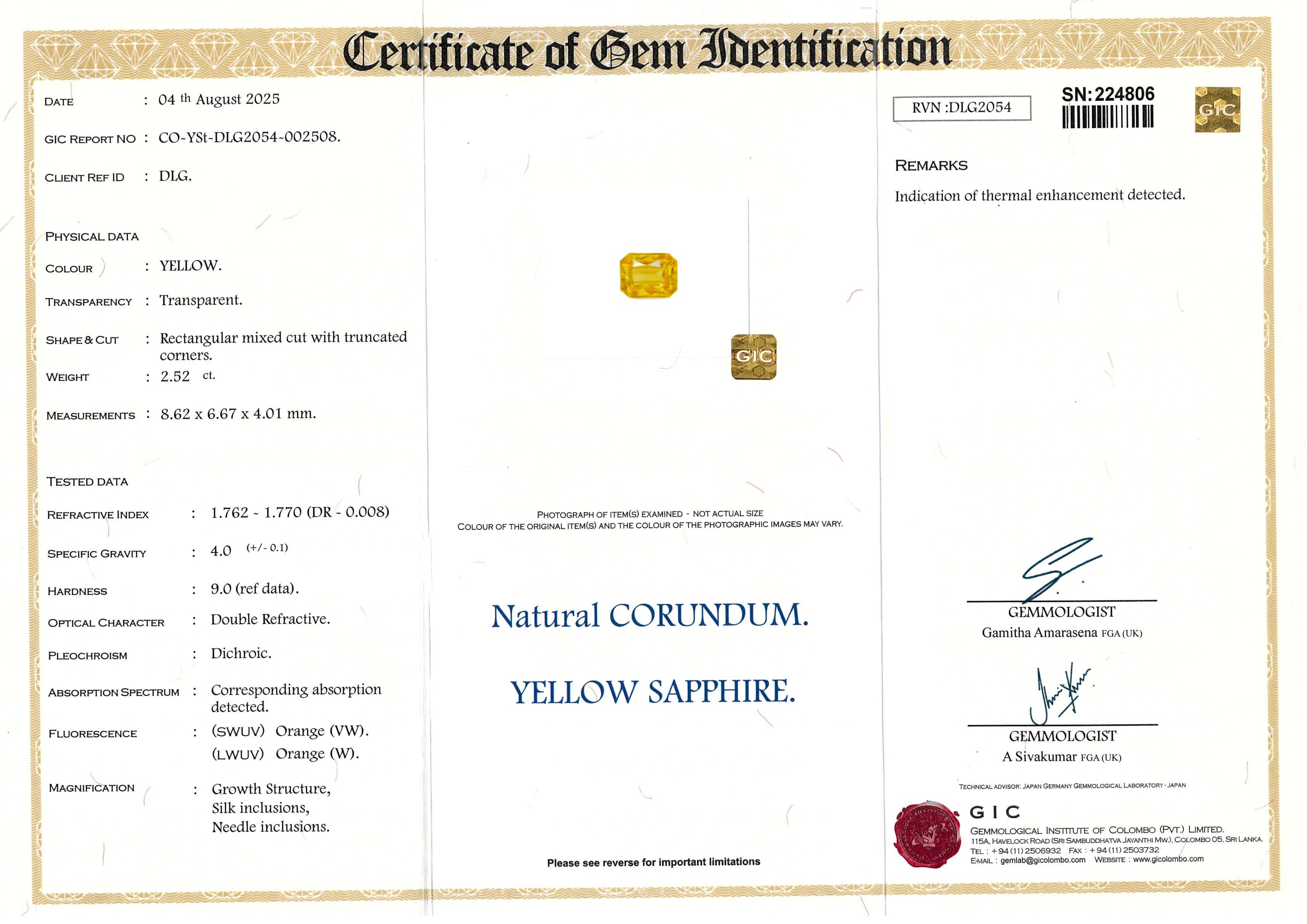 2.52 ct Yellow Radiant Cut Ceylon Sapphire Heated Gemstone