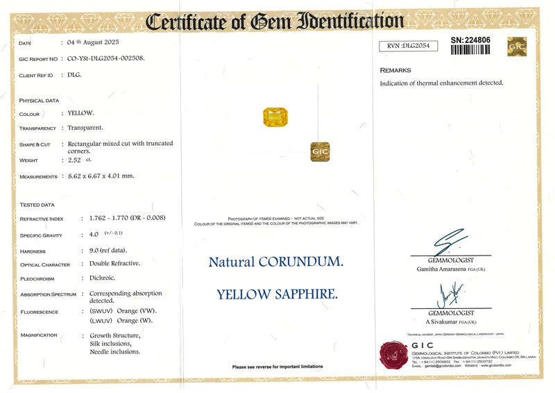 2.52 ct Yellow Radiant Cut Ceylon Sapphire Heated Gemstone
