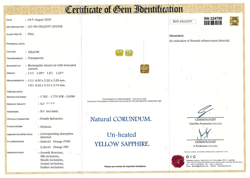 2.32 ctw Yellow Radiant Cut Pair Ceylon Sapphire Unheated Gems