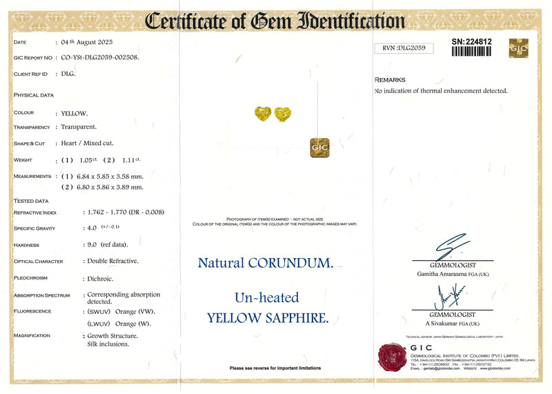 2.16 ctw Yellow Heart Pair Ceylon Sapphire Unheated Gems