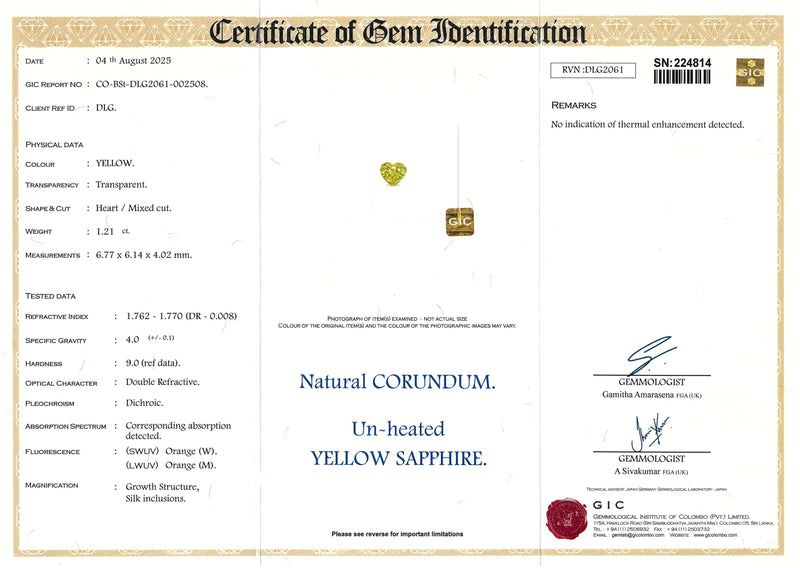 1.21 ct Yellow Heart Ceylon Sapphire Unheated Gem