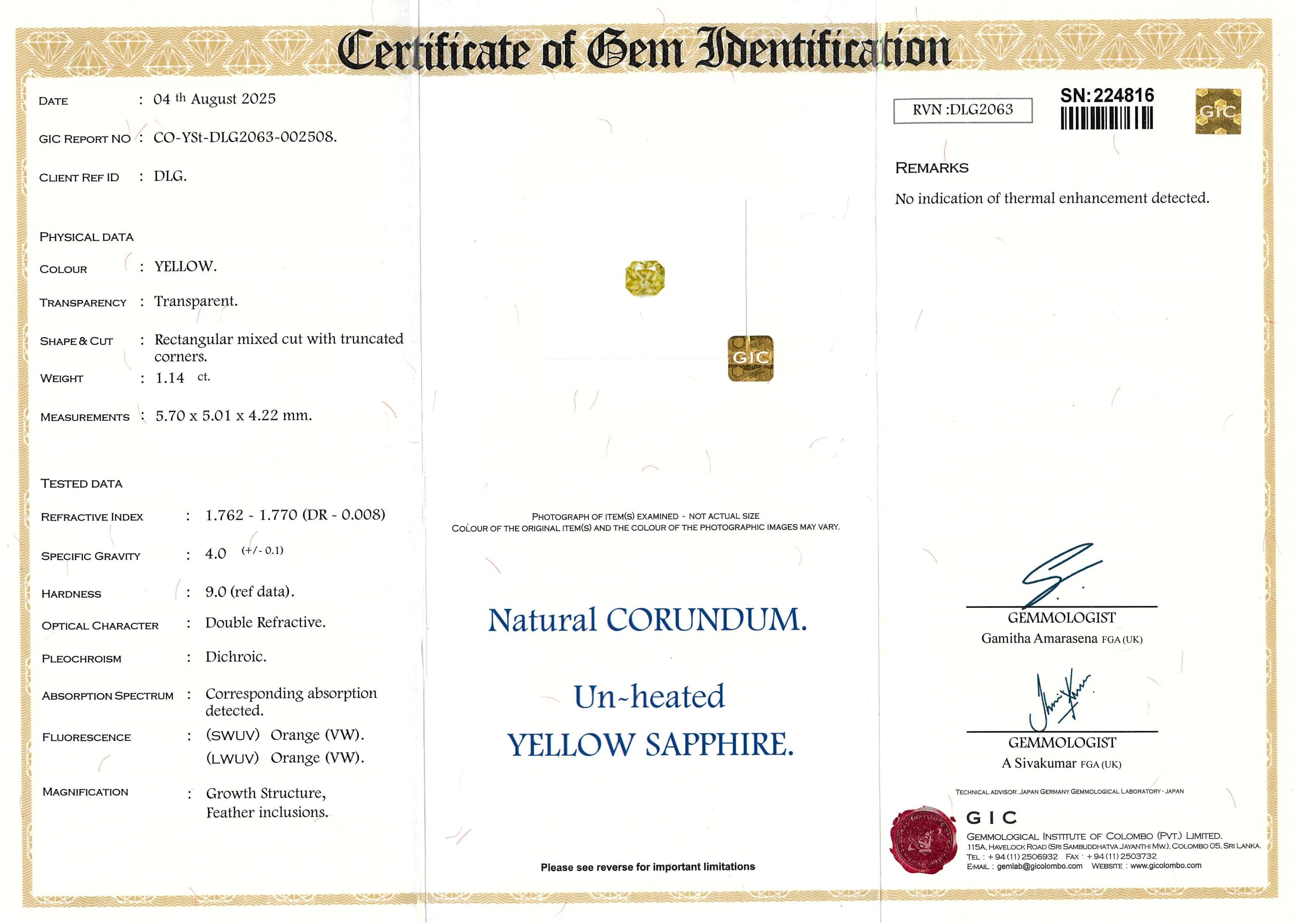 1.14 ct Yellow Radiant Cut Ceylon Sapphire Unheated Gem