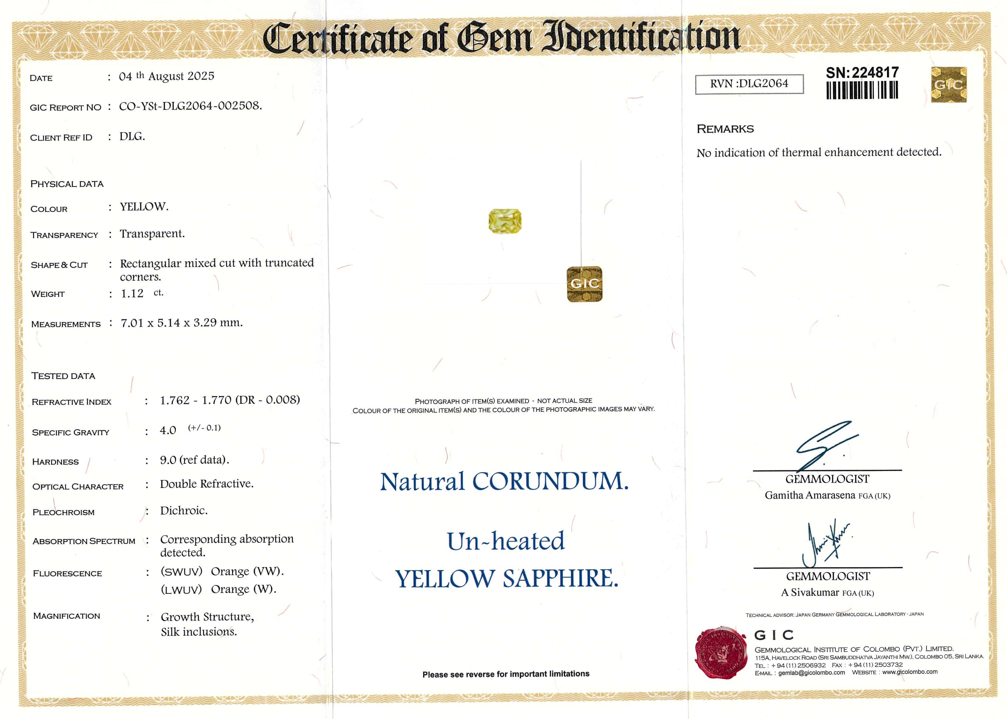 1.12 ct Yellow Radiant Cut Ceylon Sapphire Unheated Gem