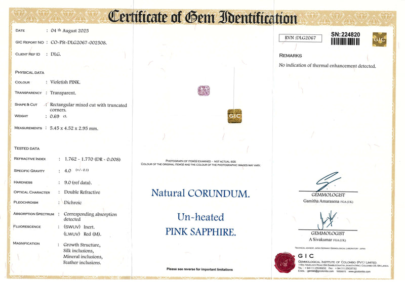 0.69 ct Violetish Pink Radiant Cut Ceylon Sapphire Unheated Gemstone