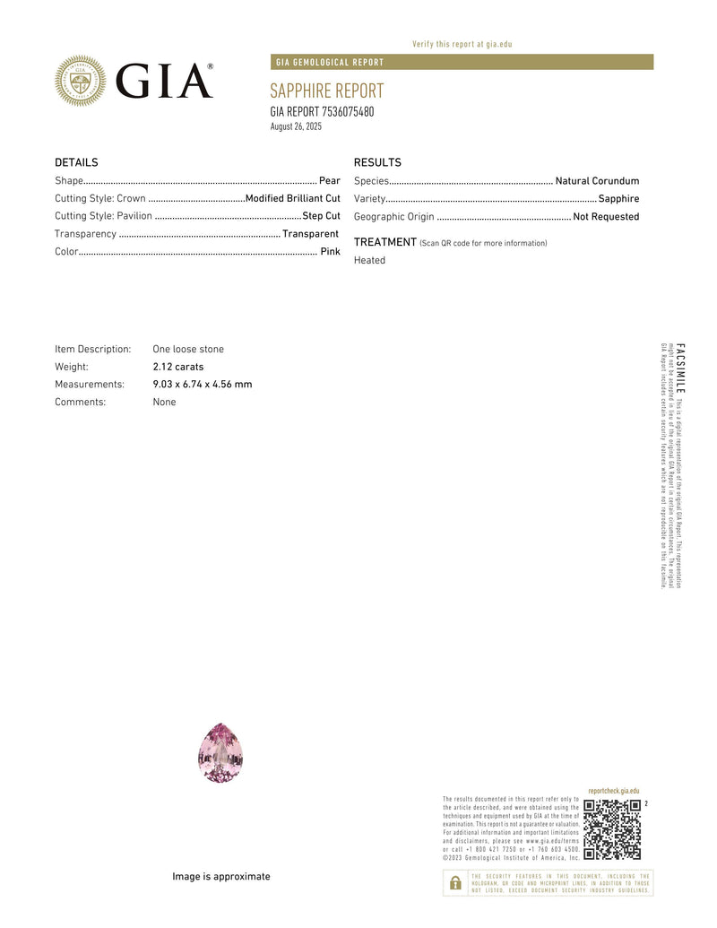 2.12 ct Pink Pear Ceylon Sapphire Heated Gem GIA Certified