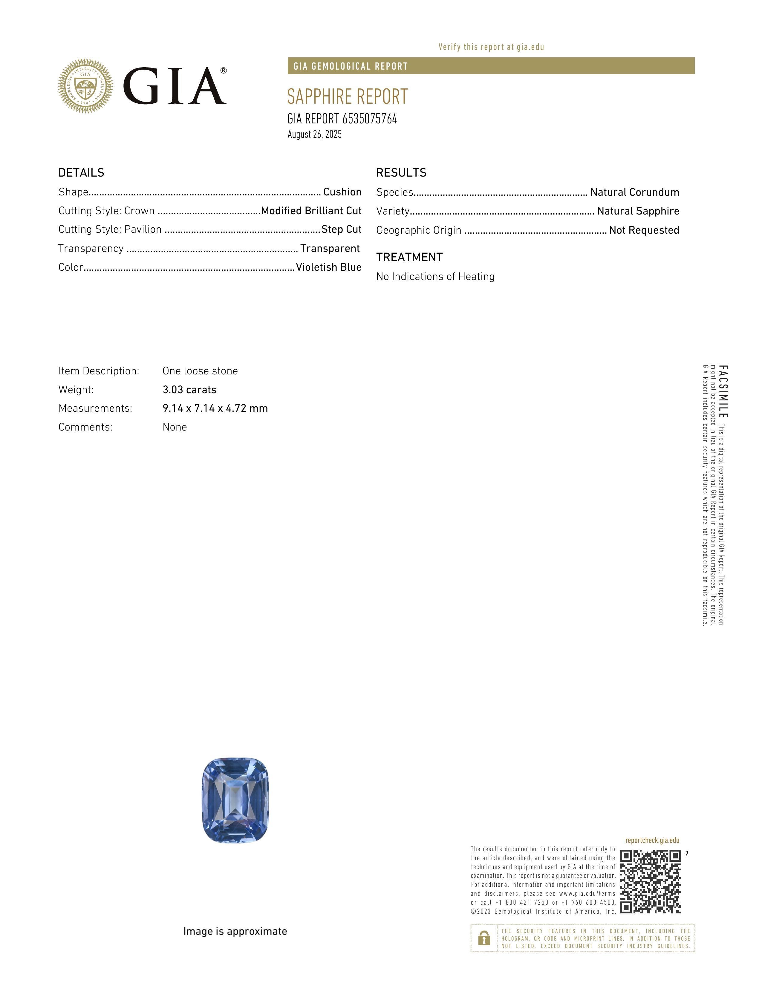 3.03 ct Periwinkle Blue Cushion Ceylon Sapphire Unheated Gem GIA