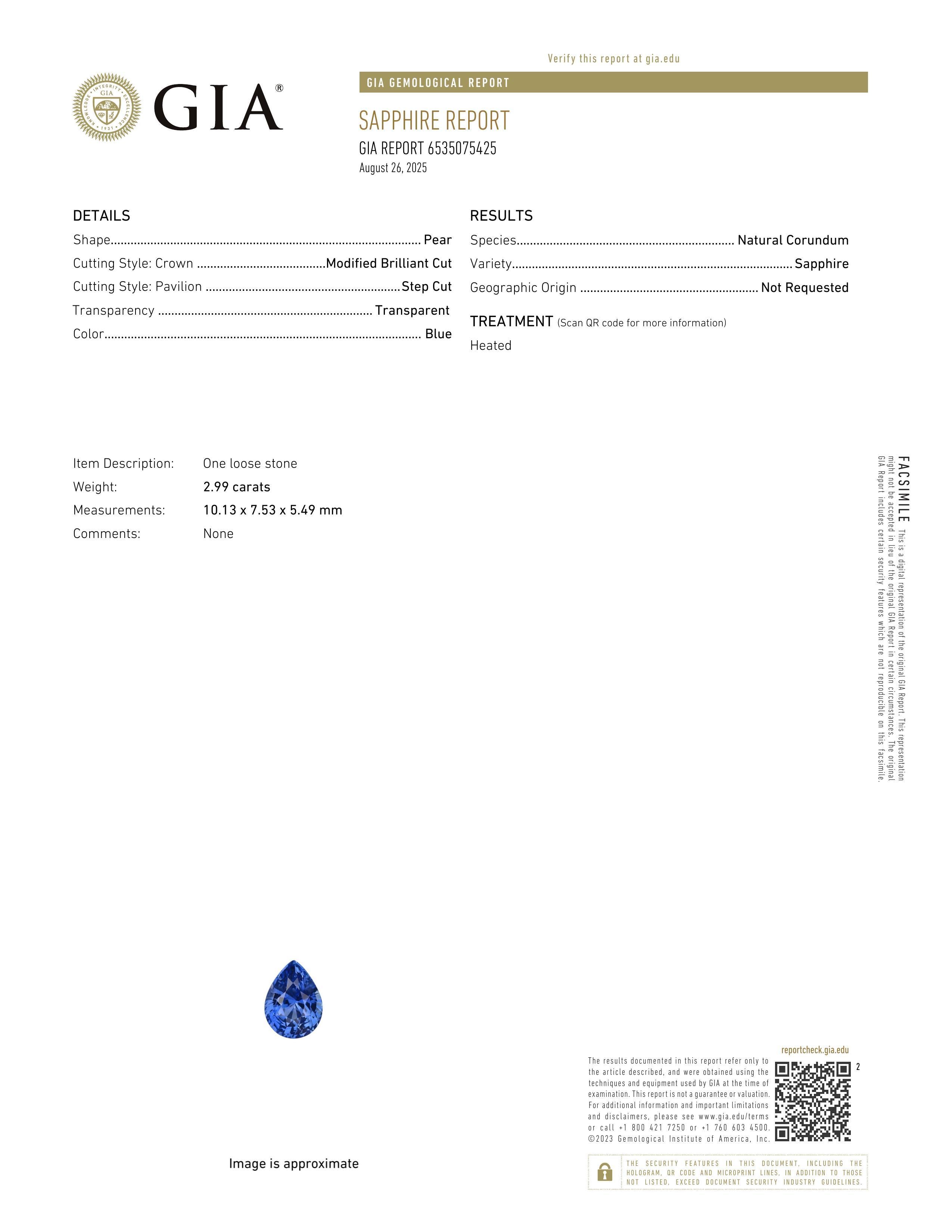 2.99 ct Blue Pear Ceylon Sapphire Heated Gem