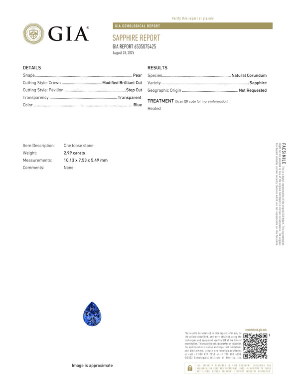 2.99 ct Blue Pear Ceylon Sapphire Heated Gem