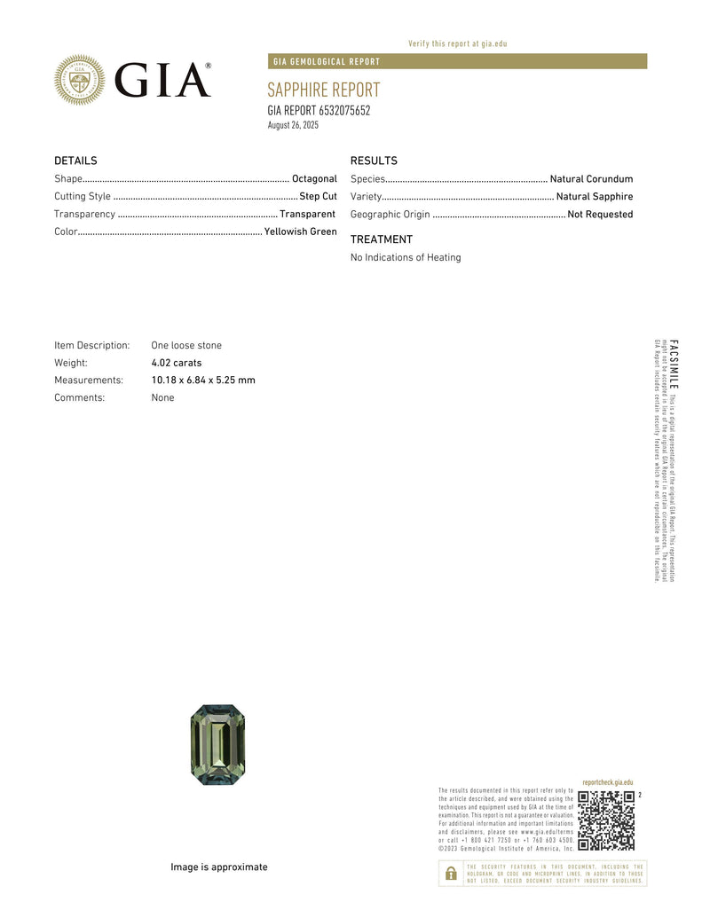 4.02 ct Olive Green Emerald Cut Madagascar Sapphire Unheated GIA Gem
