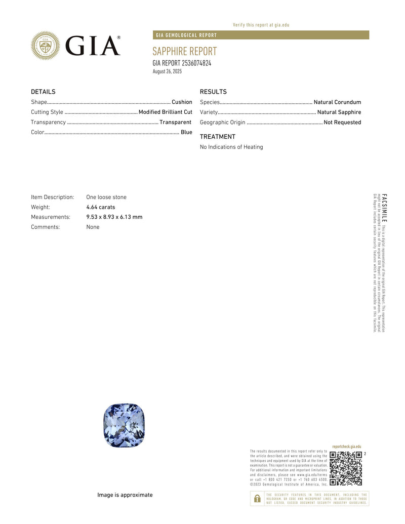 4.64 ct Sky Blue Cushion Ceylon Sapphire Unheated Gem