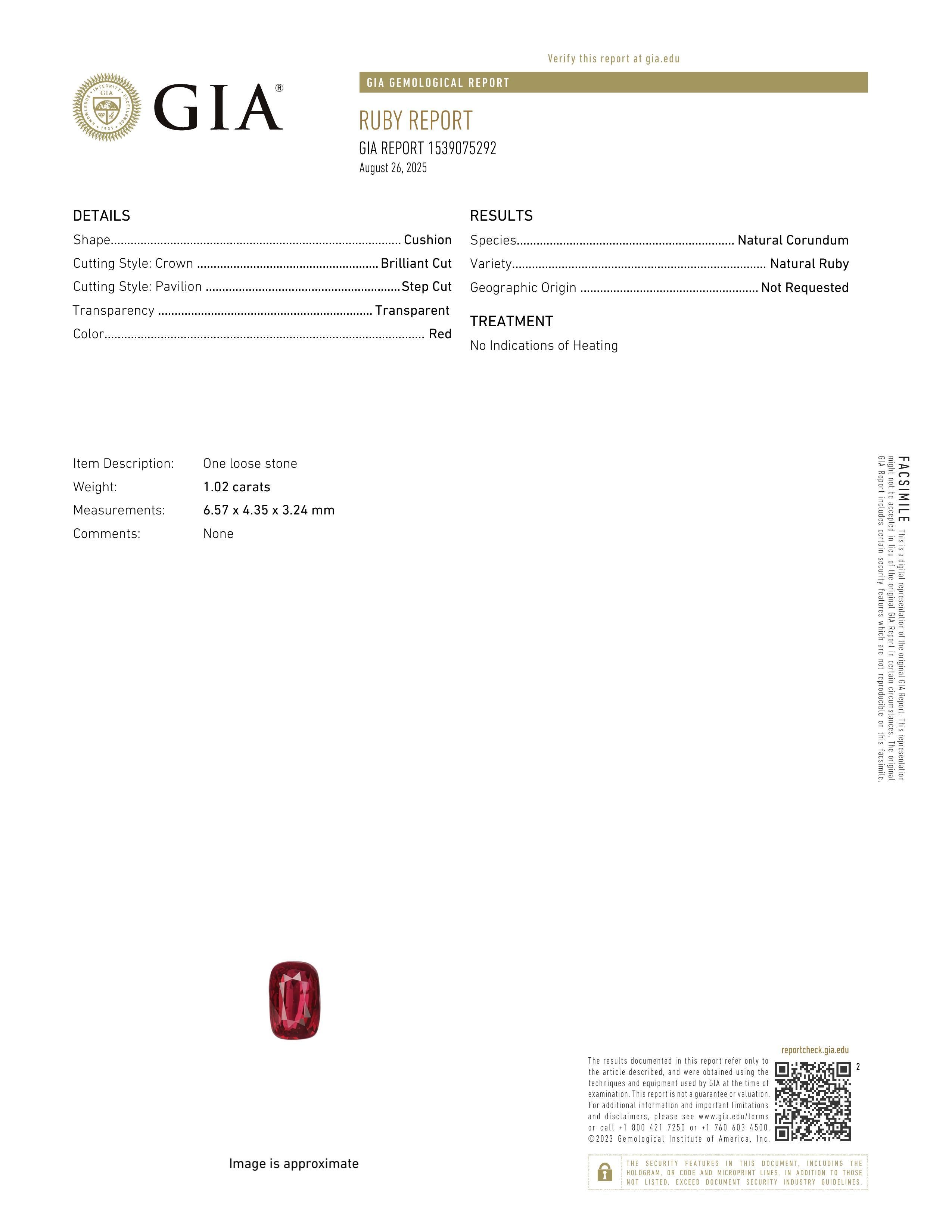 1.02 ct Red Cushion Madagascar Ruby GIA Unheated Gem
