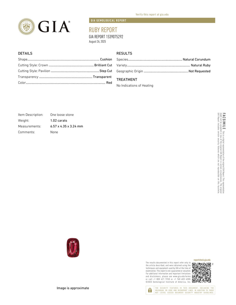 1.02 ct Red Cushion Madagascar Ruby Unheated Gem