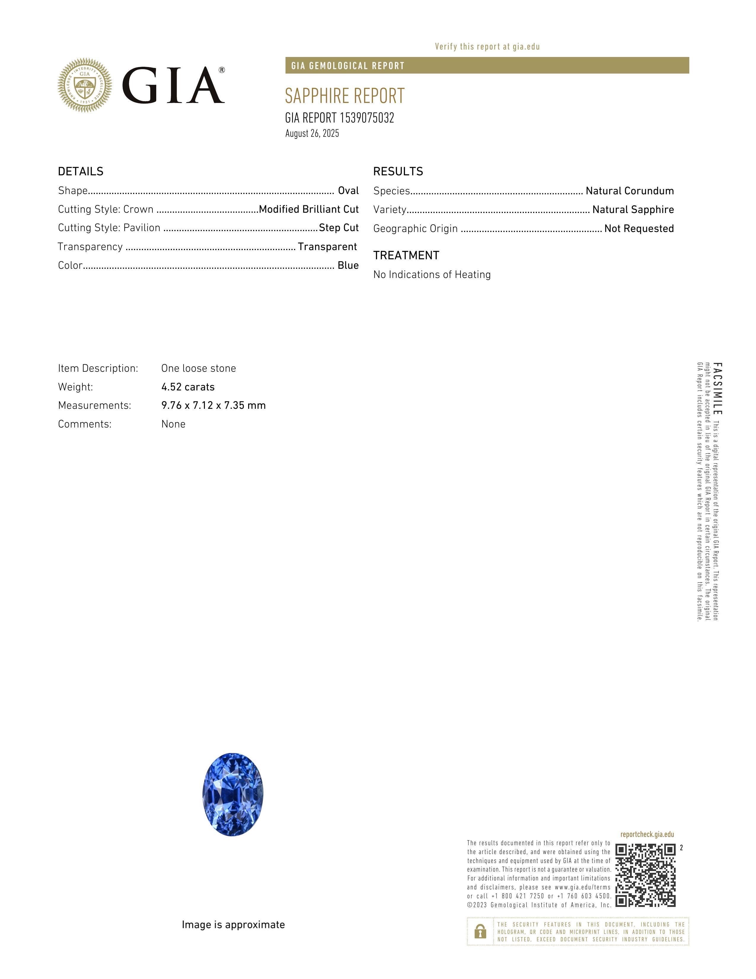 4.52 ct Cornflower Blue Oval Ceylon Sapphire GIA Unheated Gemstone