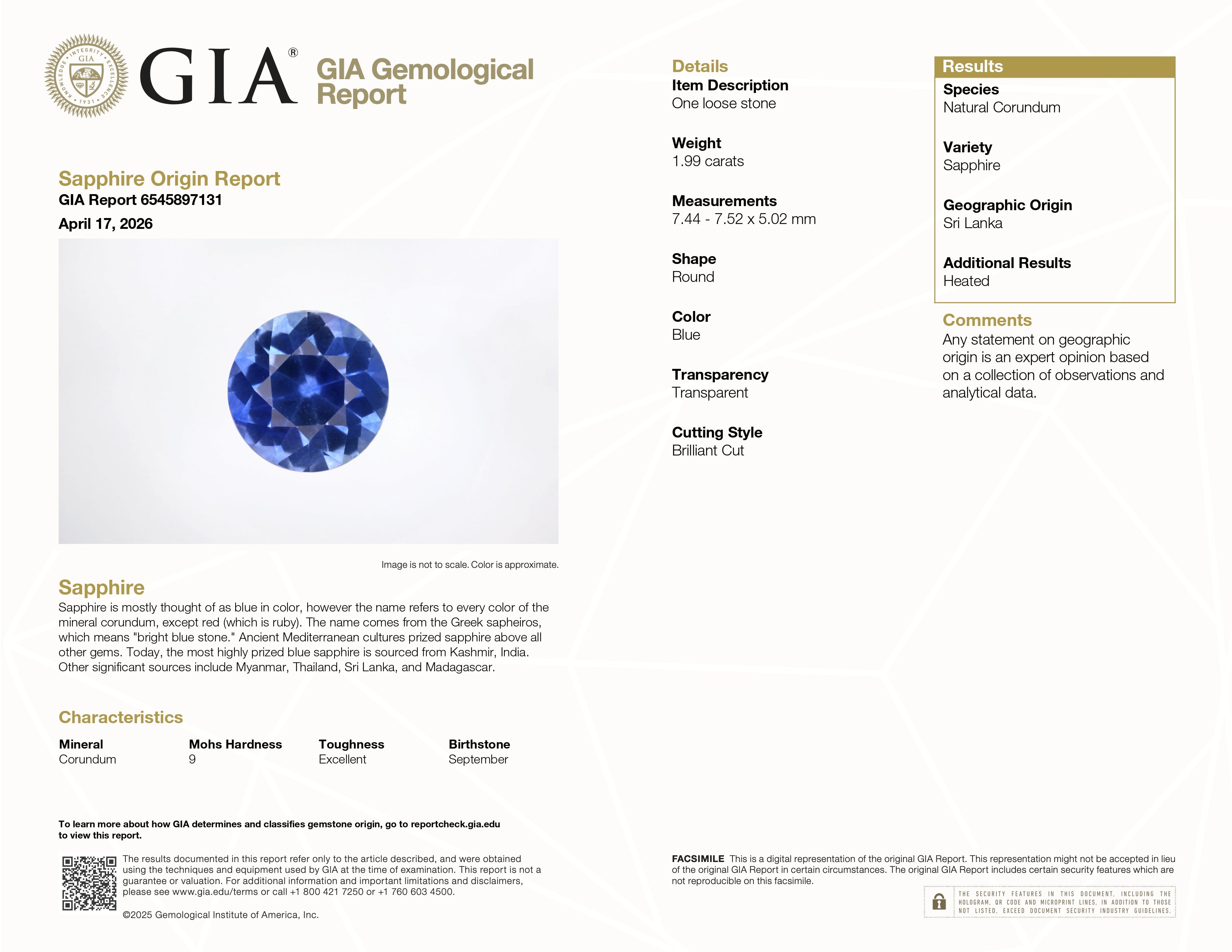 1.99 ct Cornflower Blue Round Ceylon Sapphire Heated Gemstone