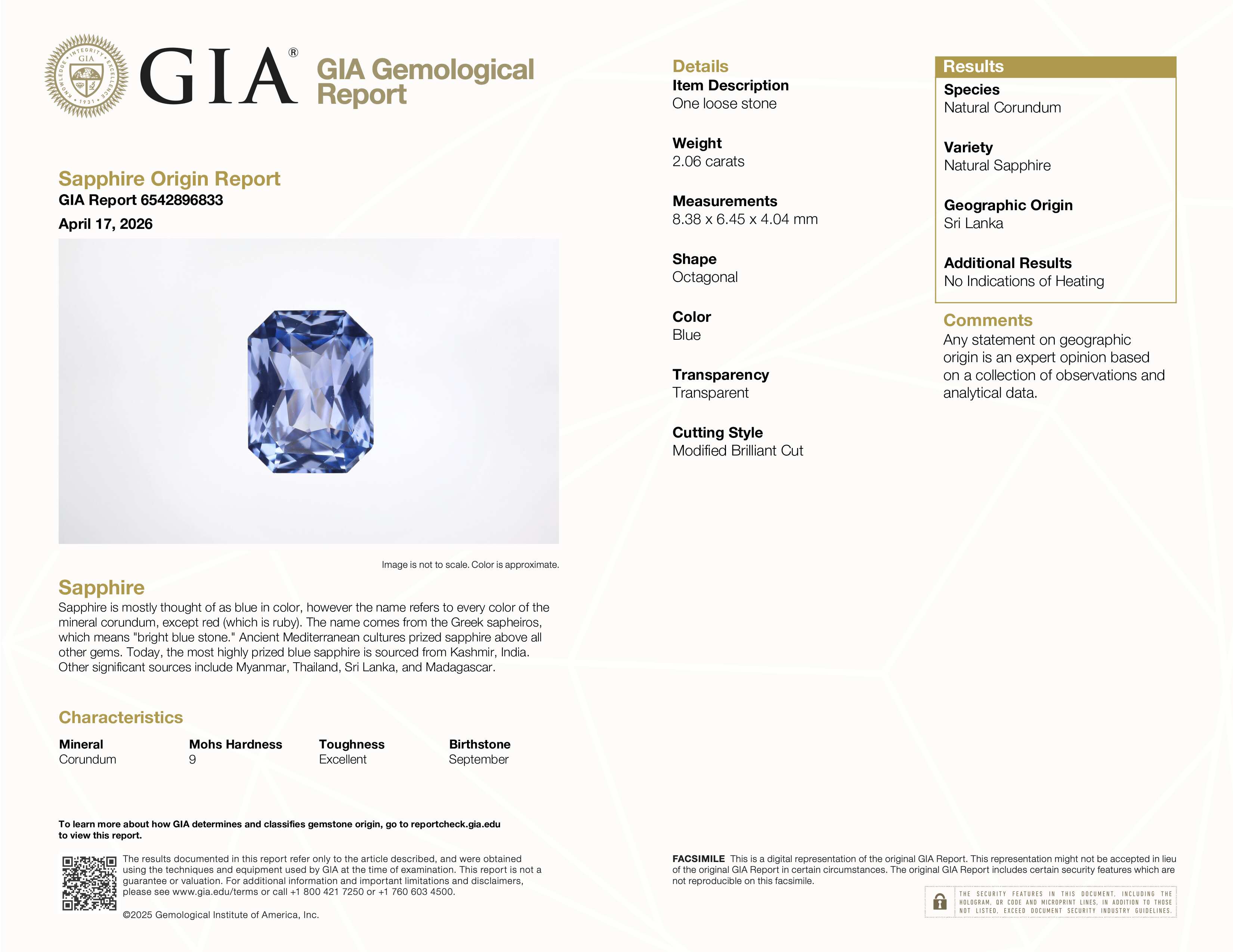 2.06 ct Blue Radiant Cut Ceylon Sapphire Unheated Gem