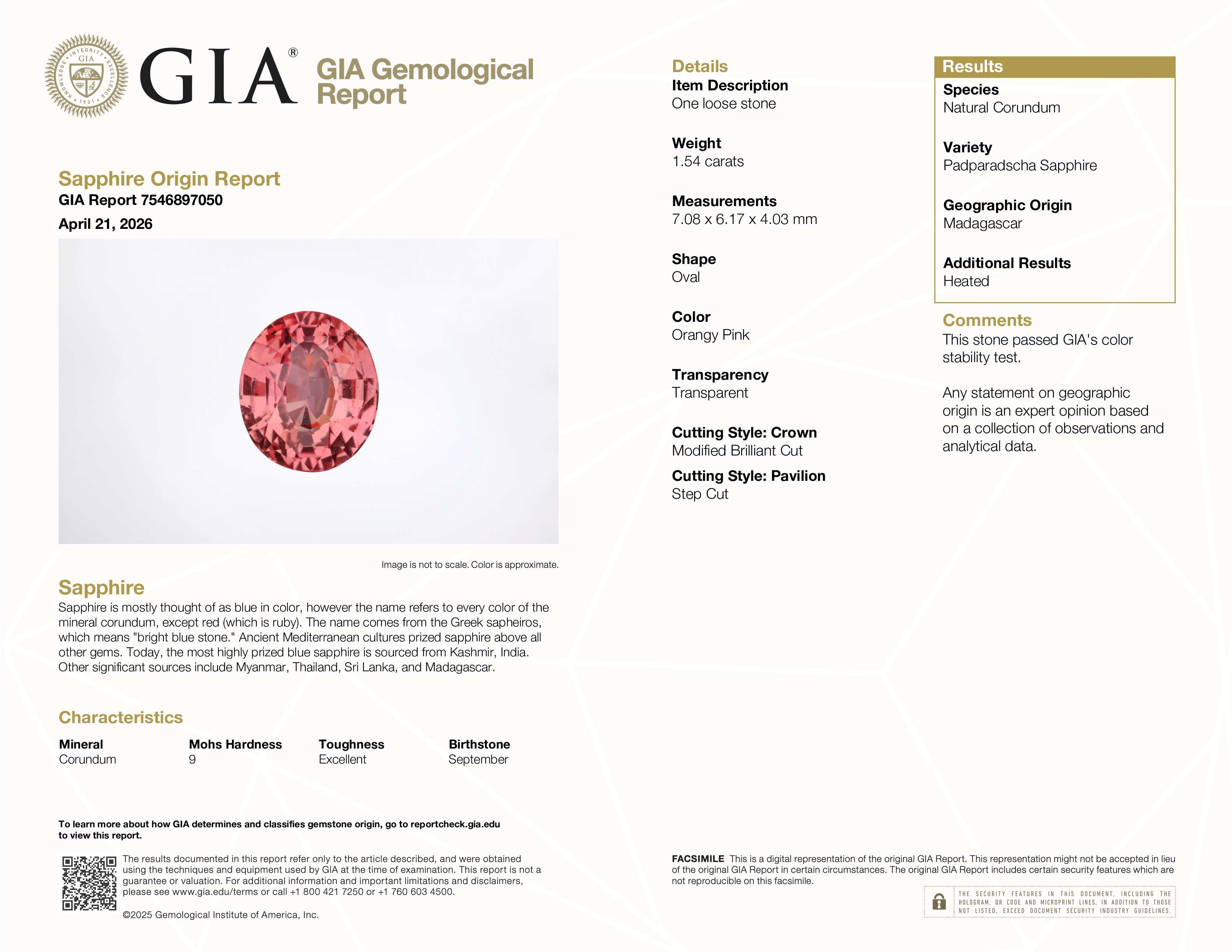 1.54 ct Padparadscha Oval Madagascar Sapphire Heated Gemstone