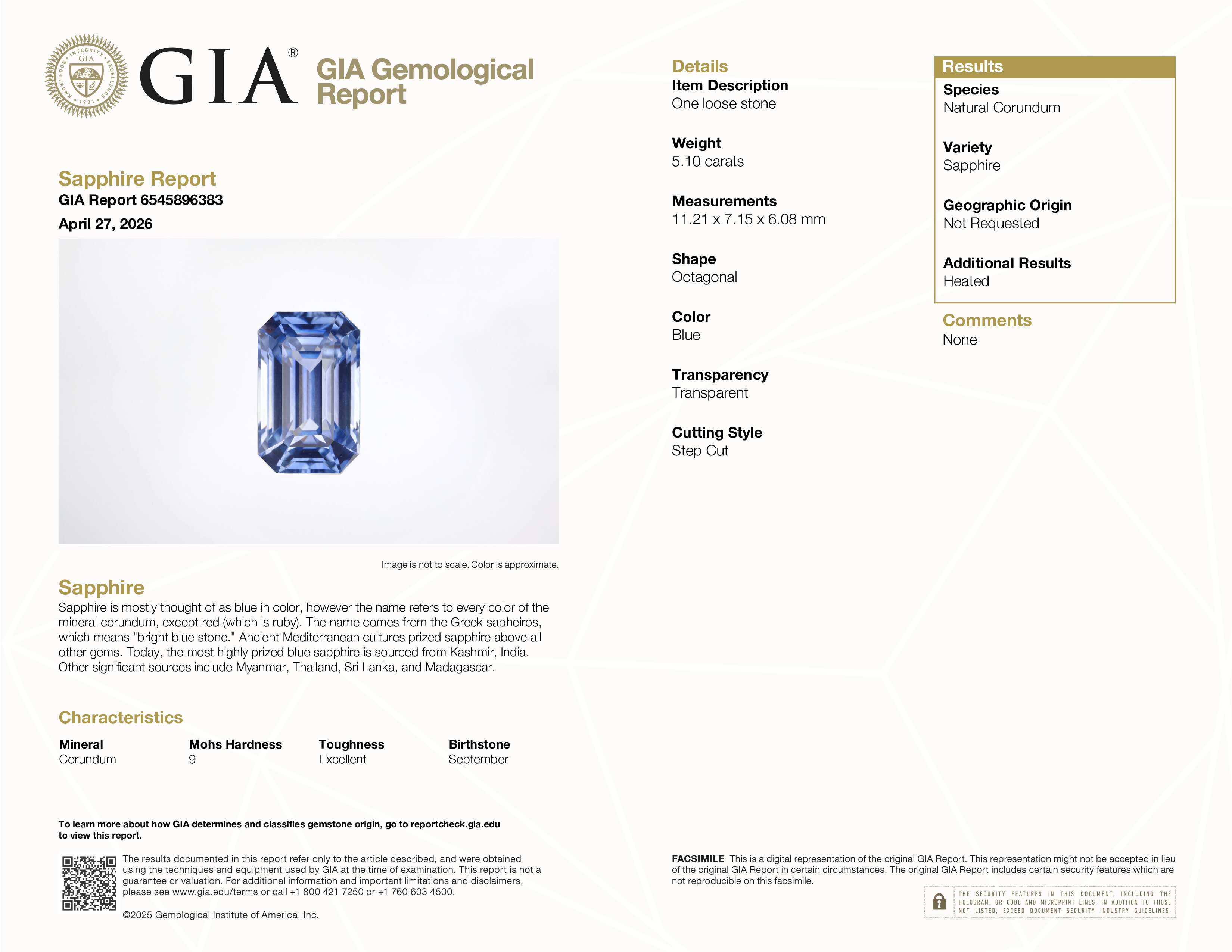 5.10 ct Blue Emerald Cut Ceylon Sapphire Heated Gem