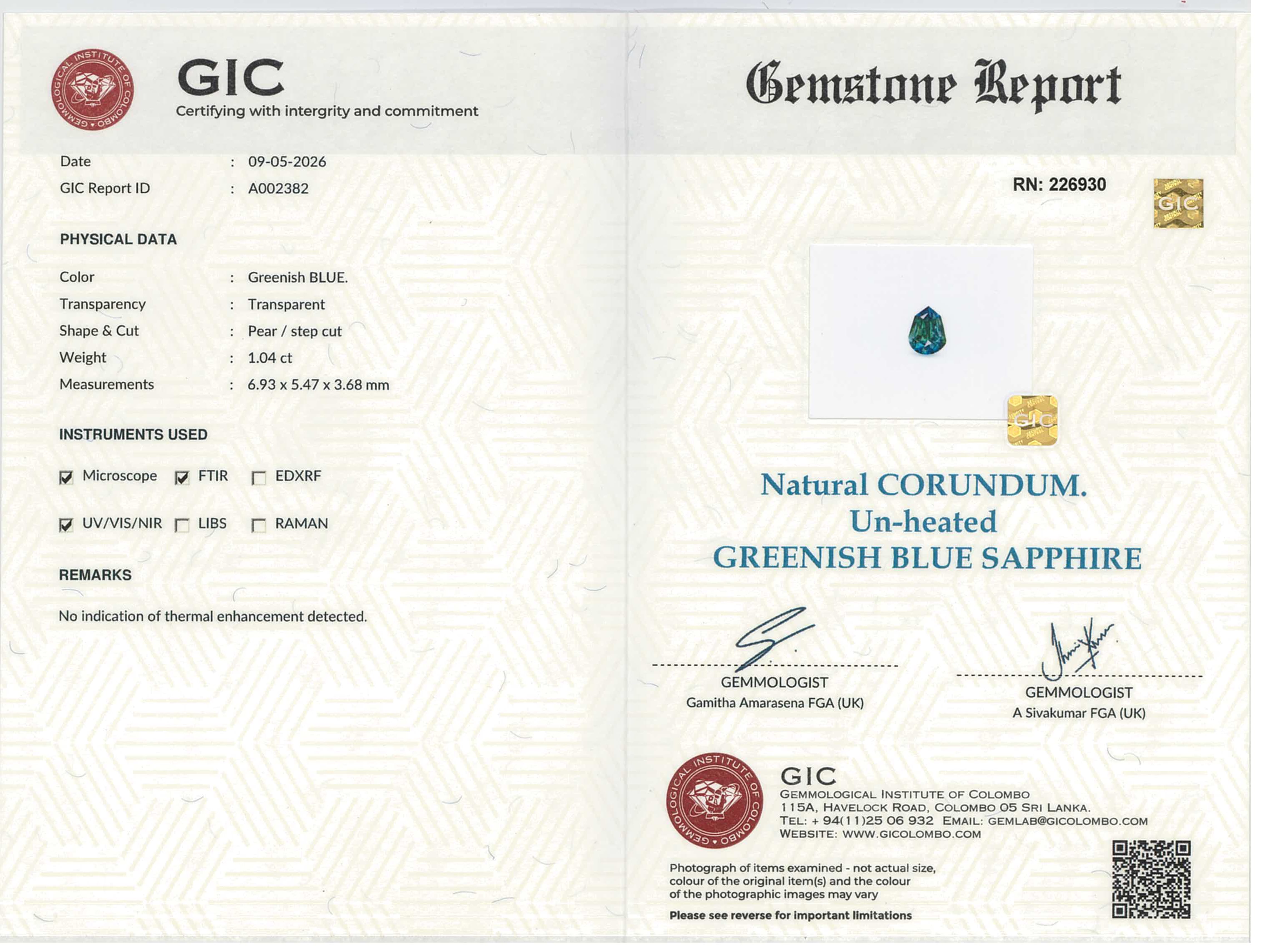 1.04 ct Pear Cut Greenish Blue Sapphire Unheated Gemstone