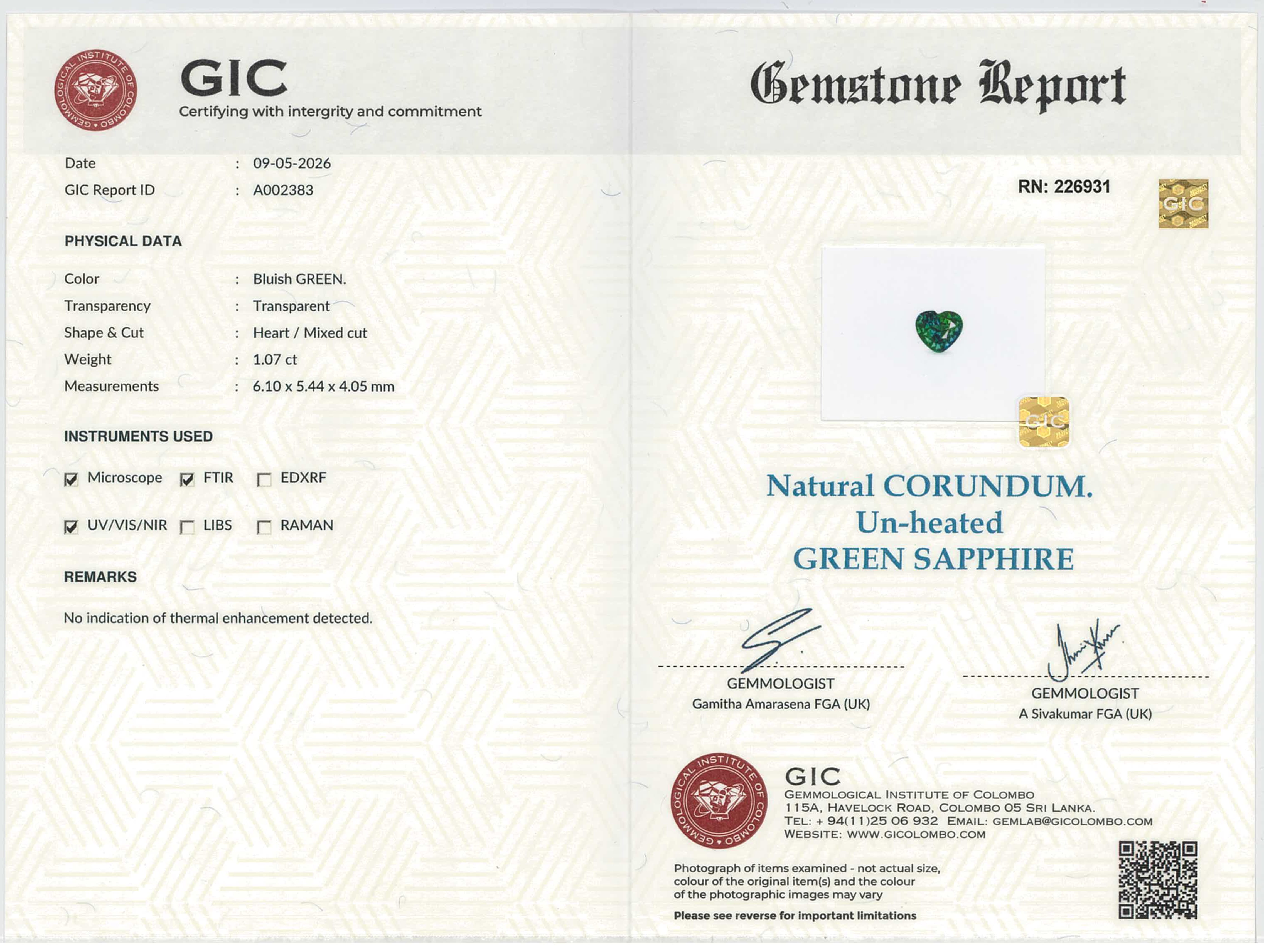 1.07 ct Heart Cut Green Sapphire Unheated Gemstone