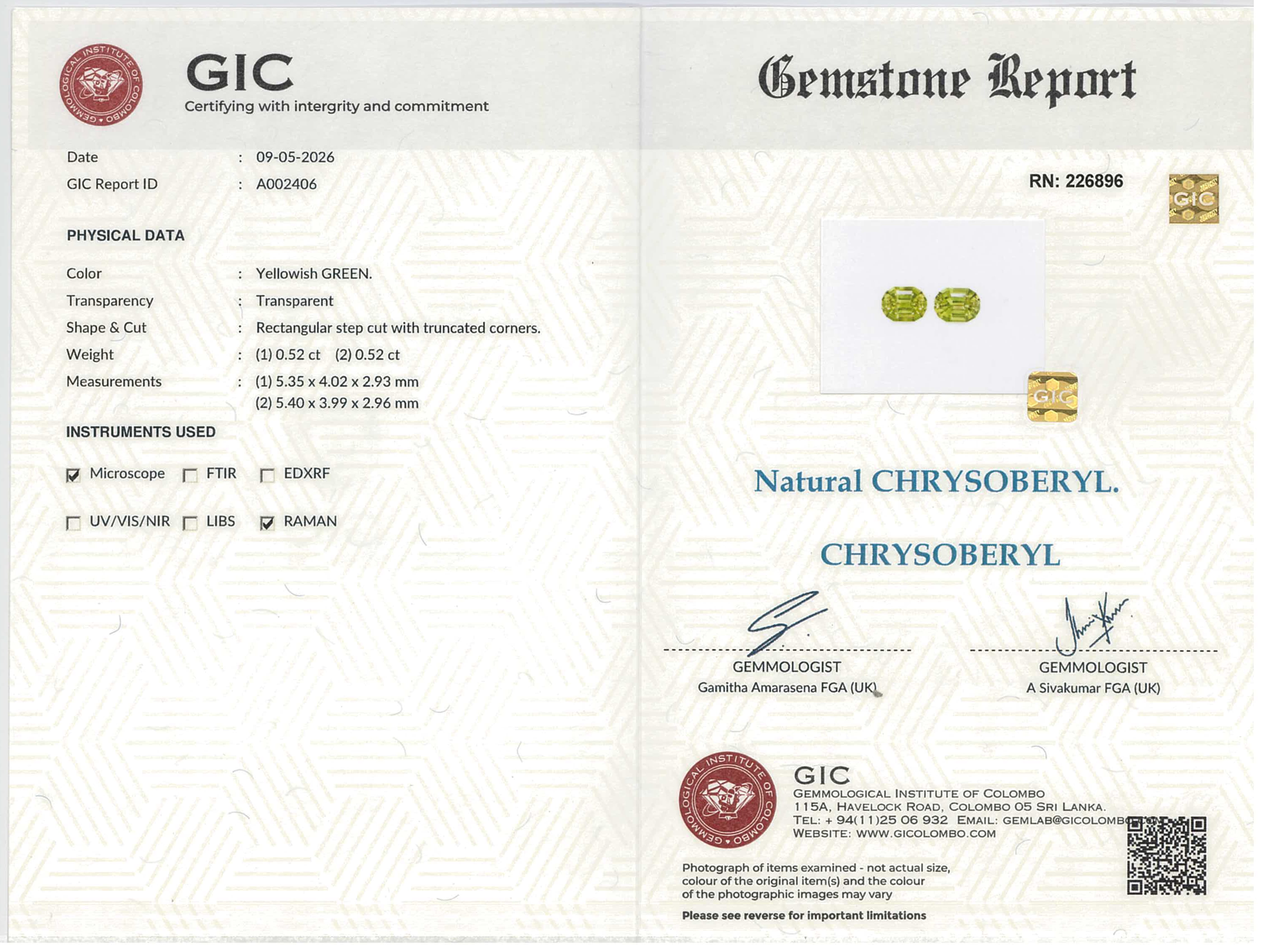 1.04 ctw Oval Cut Yellowish Green Chrysoberyl Pair Gemstones