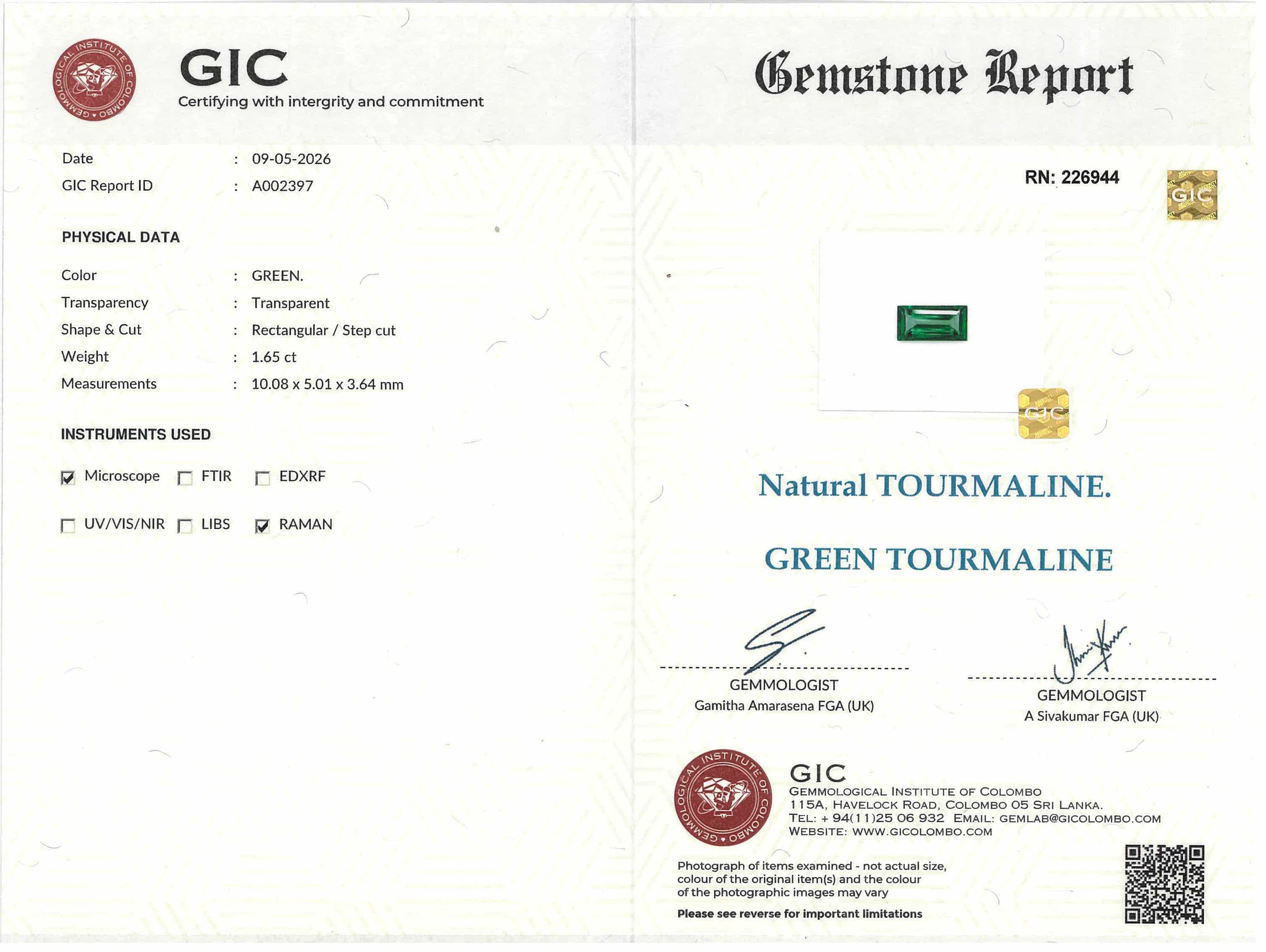 1.65 ct Baguette Cut Green Tourmaline Gemstone