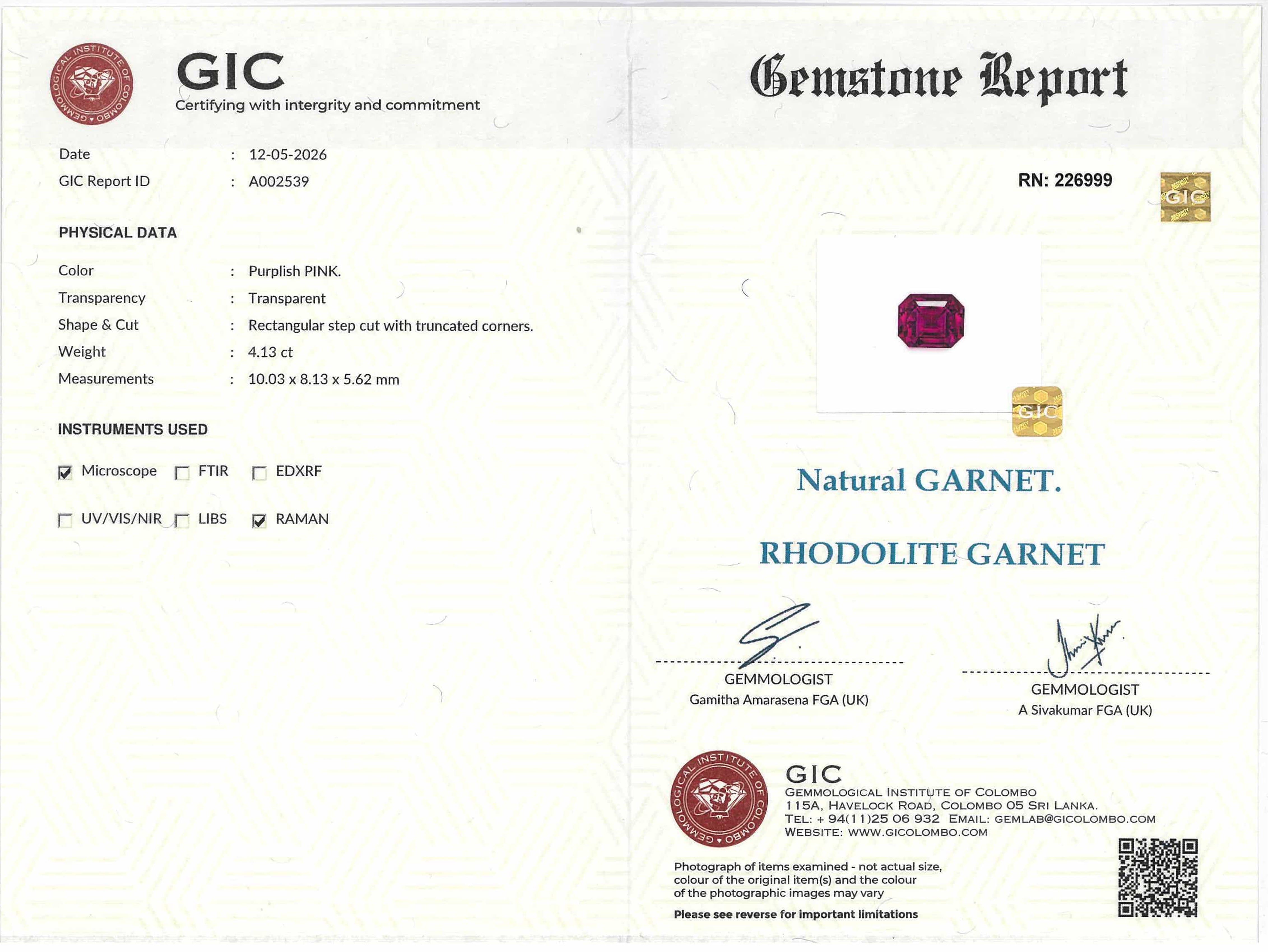 4.13 ct Emerald Cut Rhodolite Garnet Purplish Pink Gem