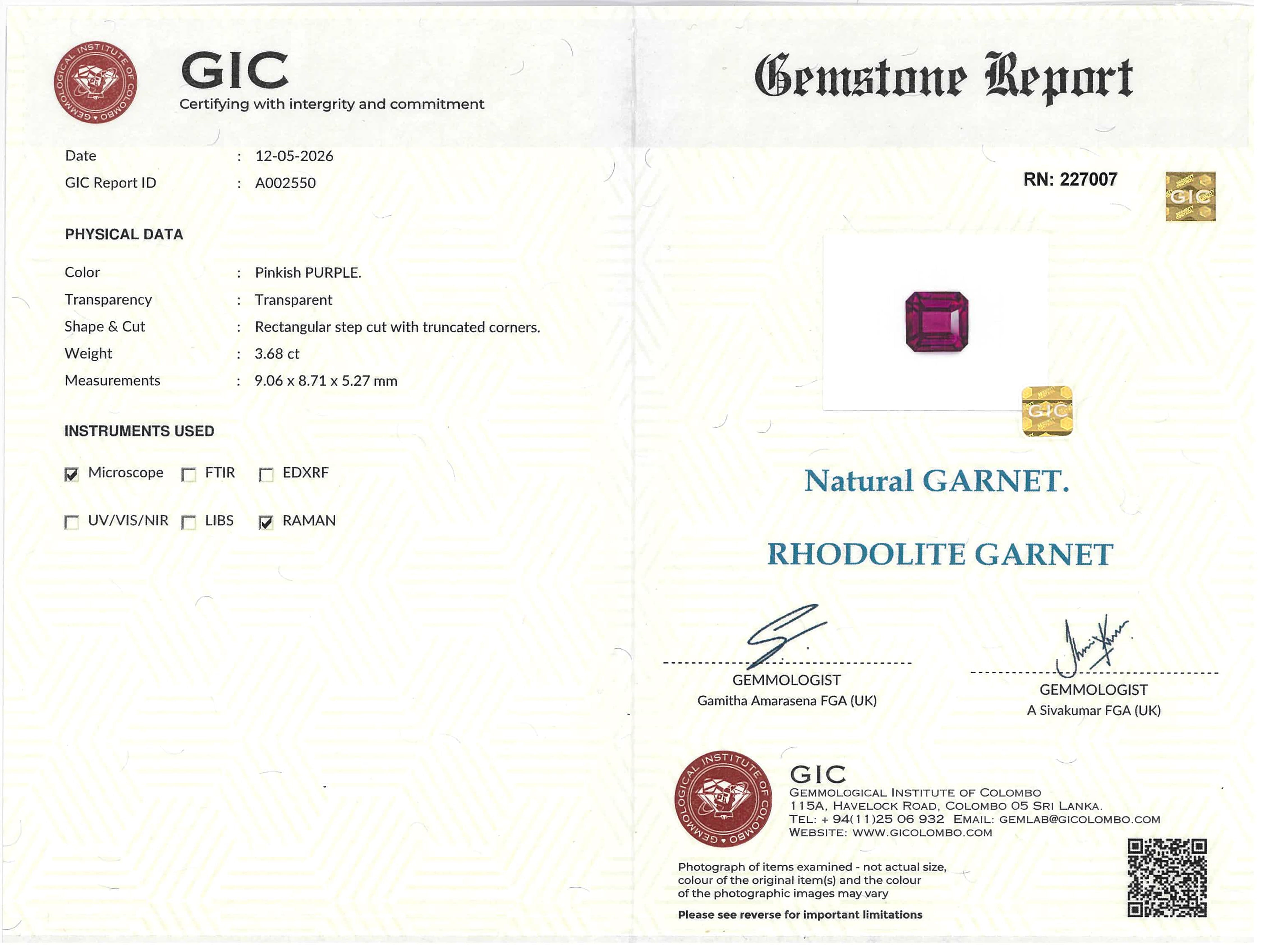 3.68 ct Emerald Cut Rhodolite Garnet Pinkish Purple Gemstone