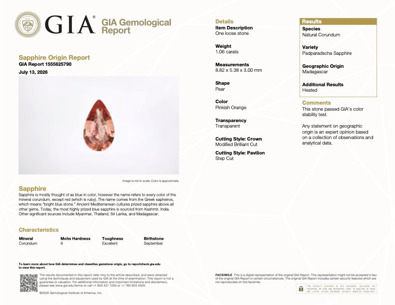 1.06 ct Pear Cut Padparadscha Sapphire Ceylon Heated Gemstone